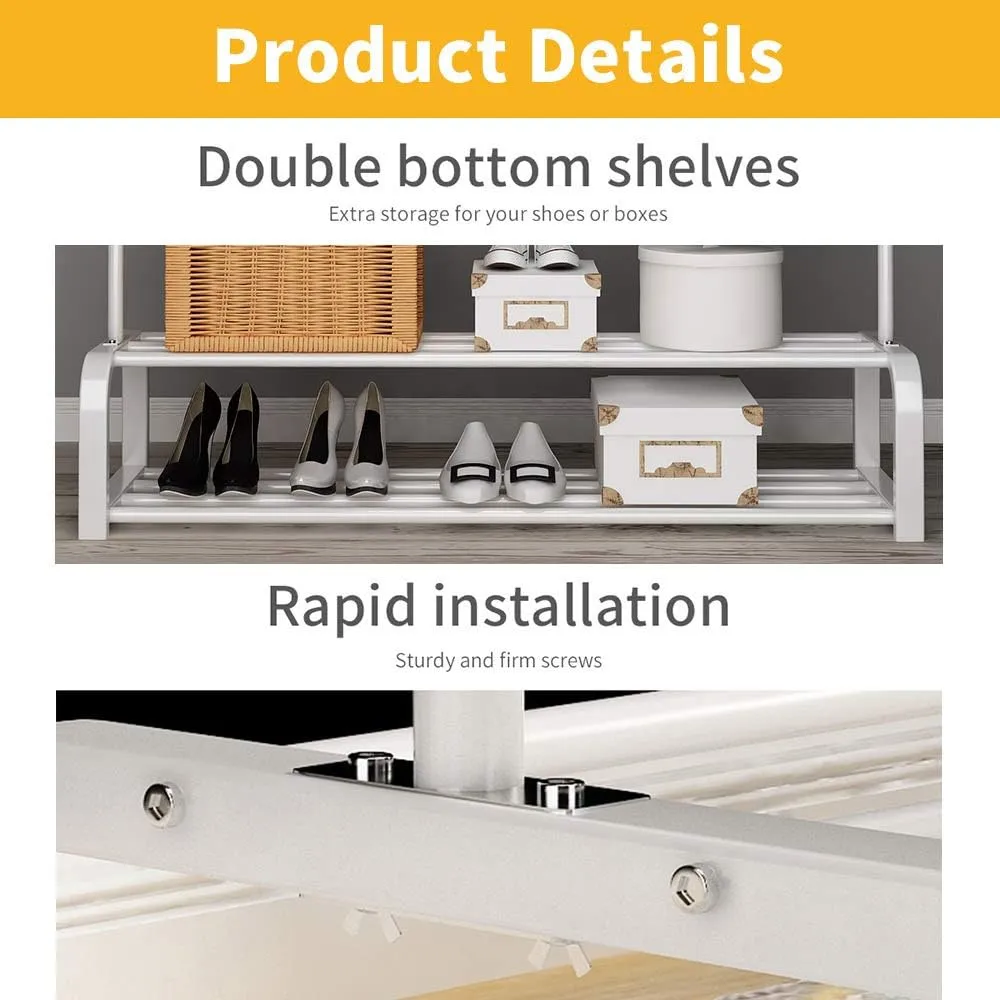 NEW Retails $97, UDEAR Garment Rack Free-standing Clothes Rack with Top Rod, Lower Storage and 6 Hooks, White