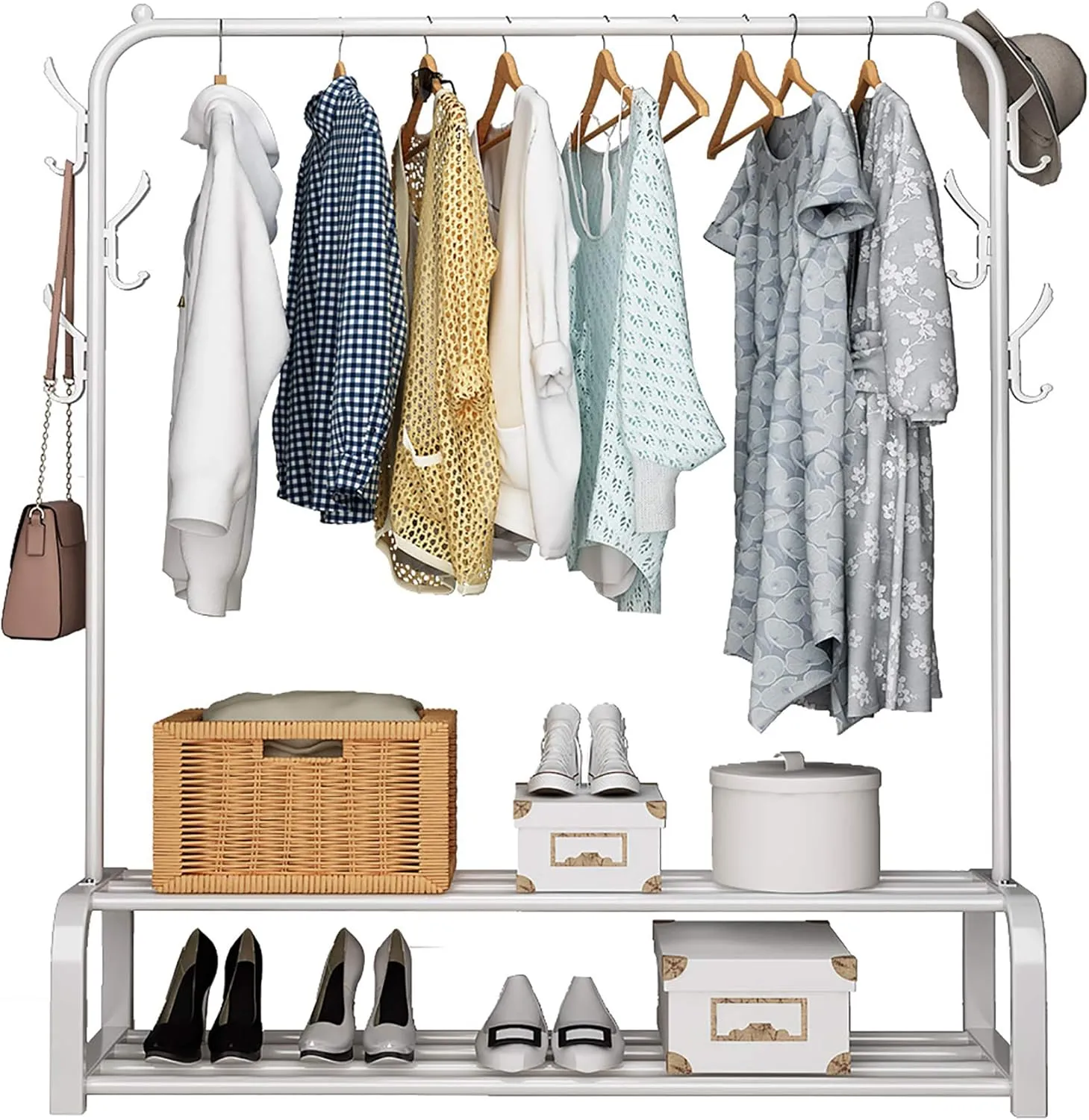NEW Retails $97, UDEAR Garment Rack Free-standing Clothes Rack with Top Rod, Lower Storage and 6 Hooks, White
