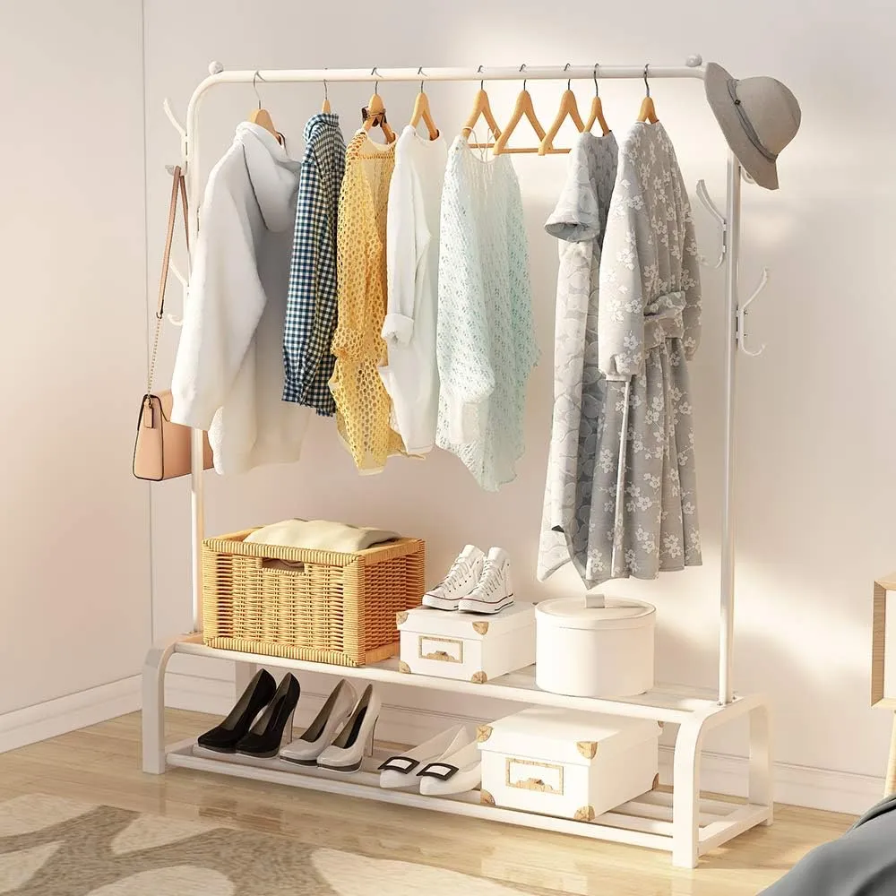 NEW Retails $97, UDEAR Garment Rack Free-standing Clothes Rack with Top Rod, Lower Storage and 6 Hooks, White