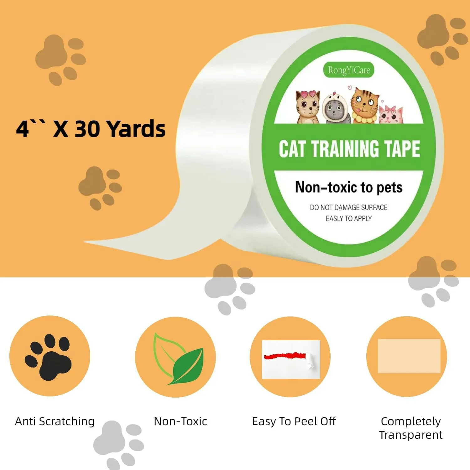 New RongYiCare Cat Scratch Protector, Cat Furniture Protector Training Tape Anti Scratching, 100% Transparent Clear Double Sided Cat Scratch Deterrent Tape for Carpet, Sofa, Couch, Door