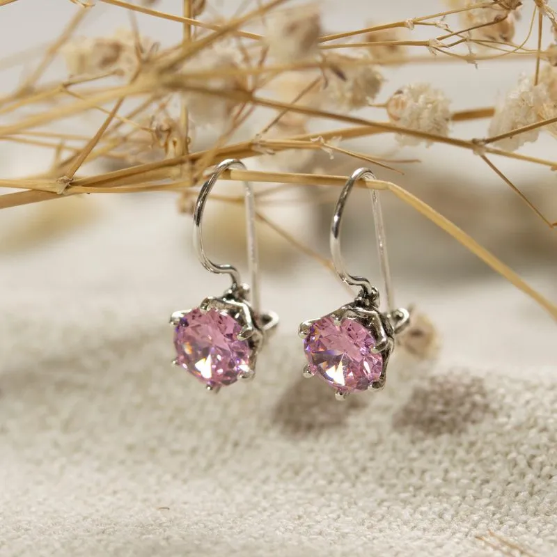 Pink Sterling Silver Drop Earrings for Women - Handmade December Birthstone
