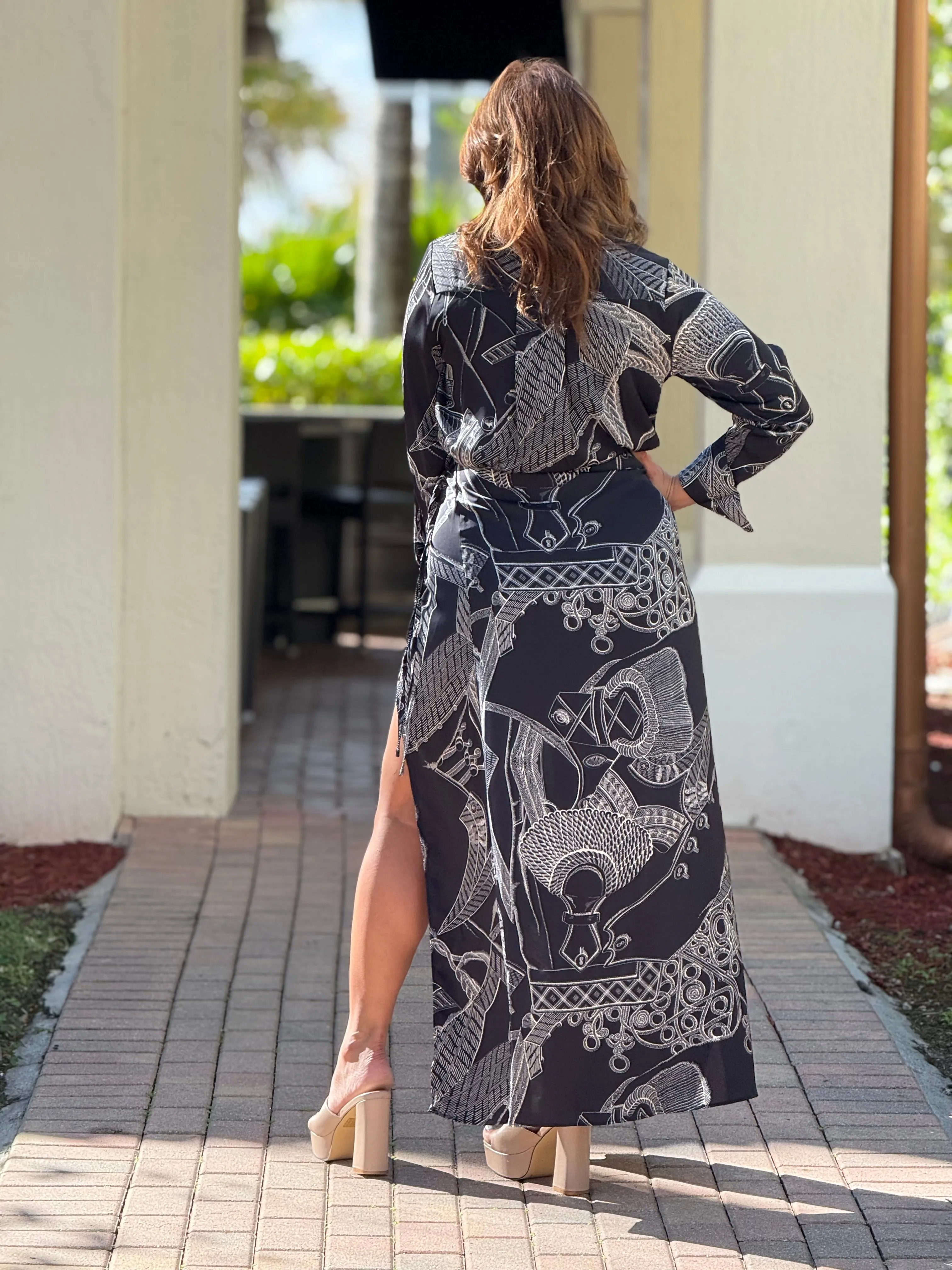 "Alanna" Long Sleeve Printed Wrap Maxi Dress