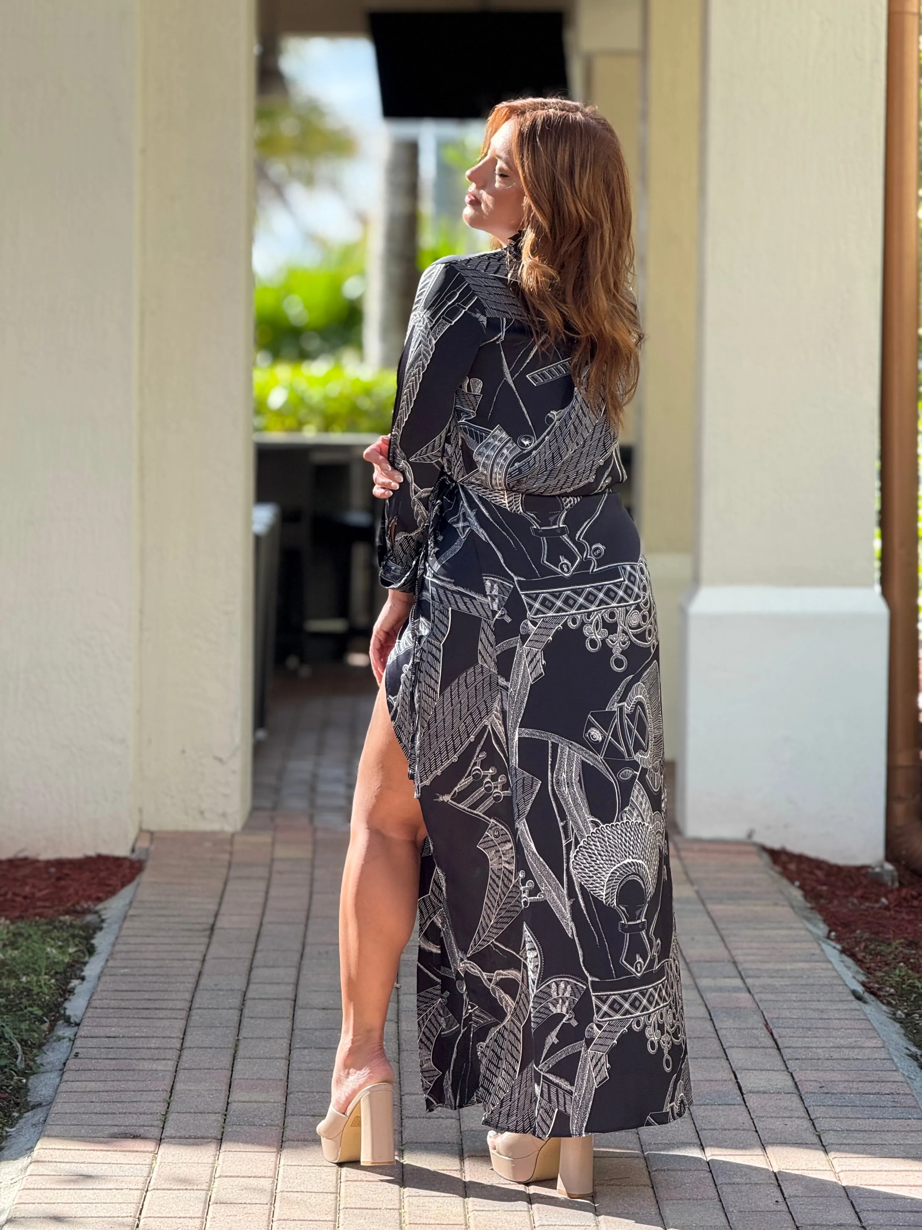 "Alanna" Long Sleeve Printed Wrap Maxi Dress
