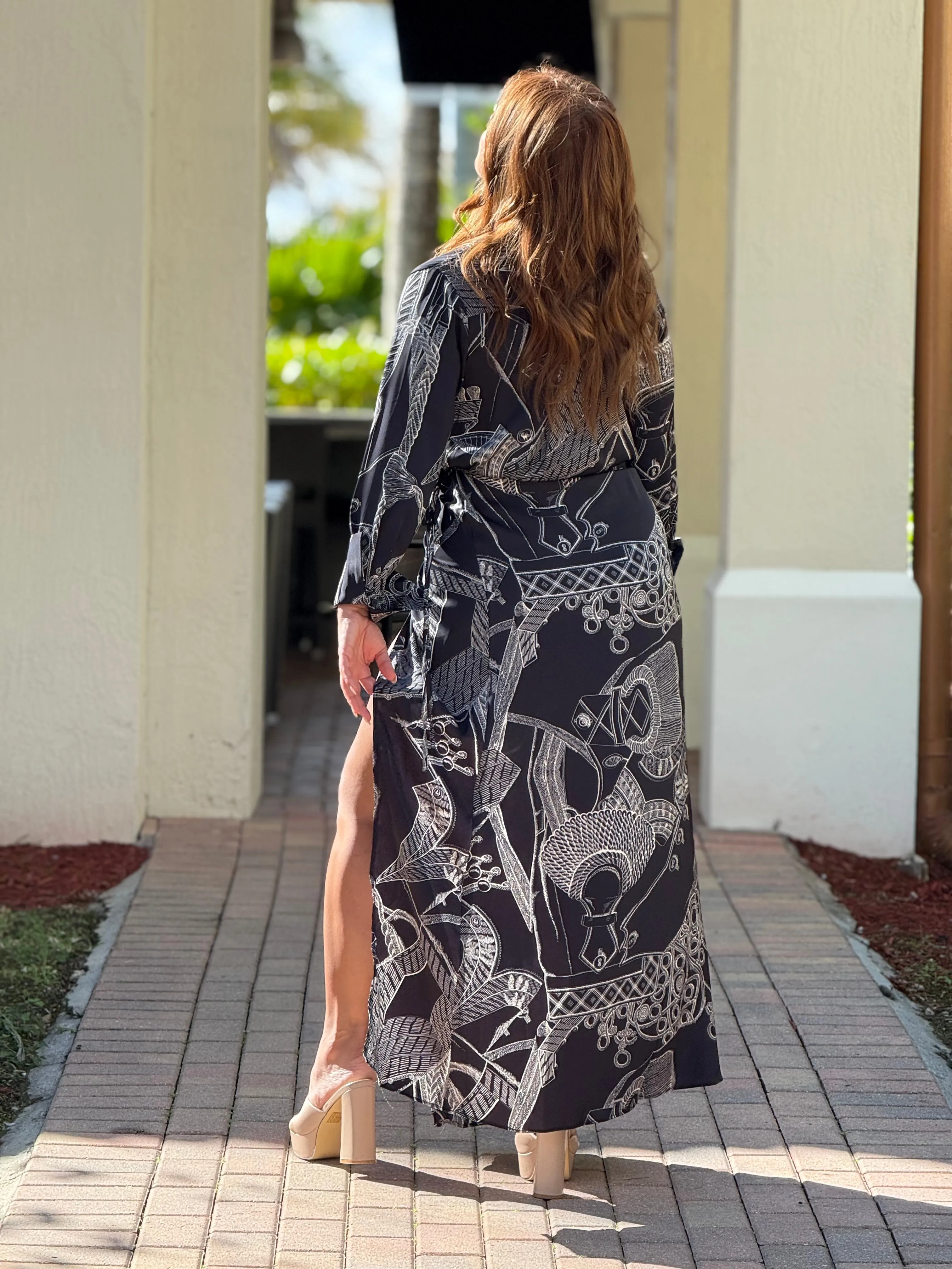 "Alanna" Long Sleeve Printed Wrap Maxi Dress