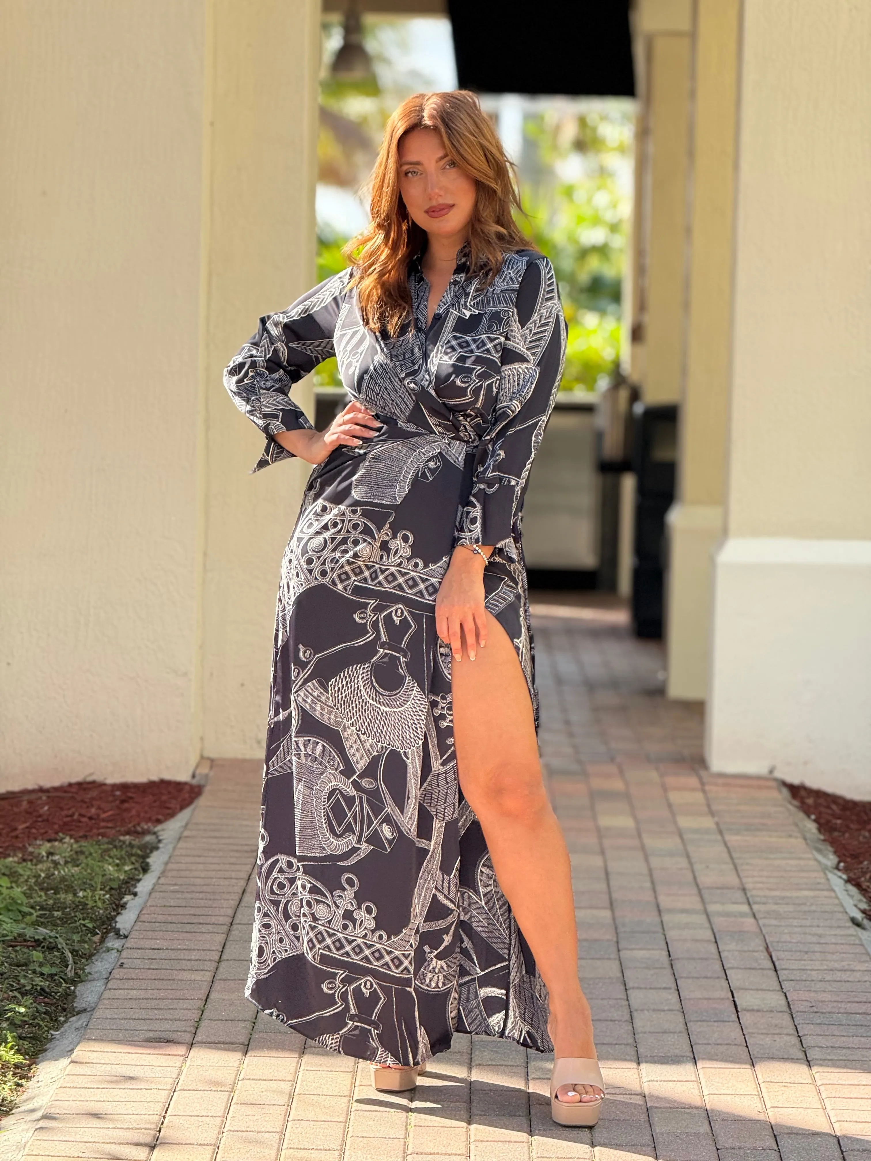"Alanna" Long Sleeve Printed Wrap Maxi Dress