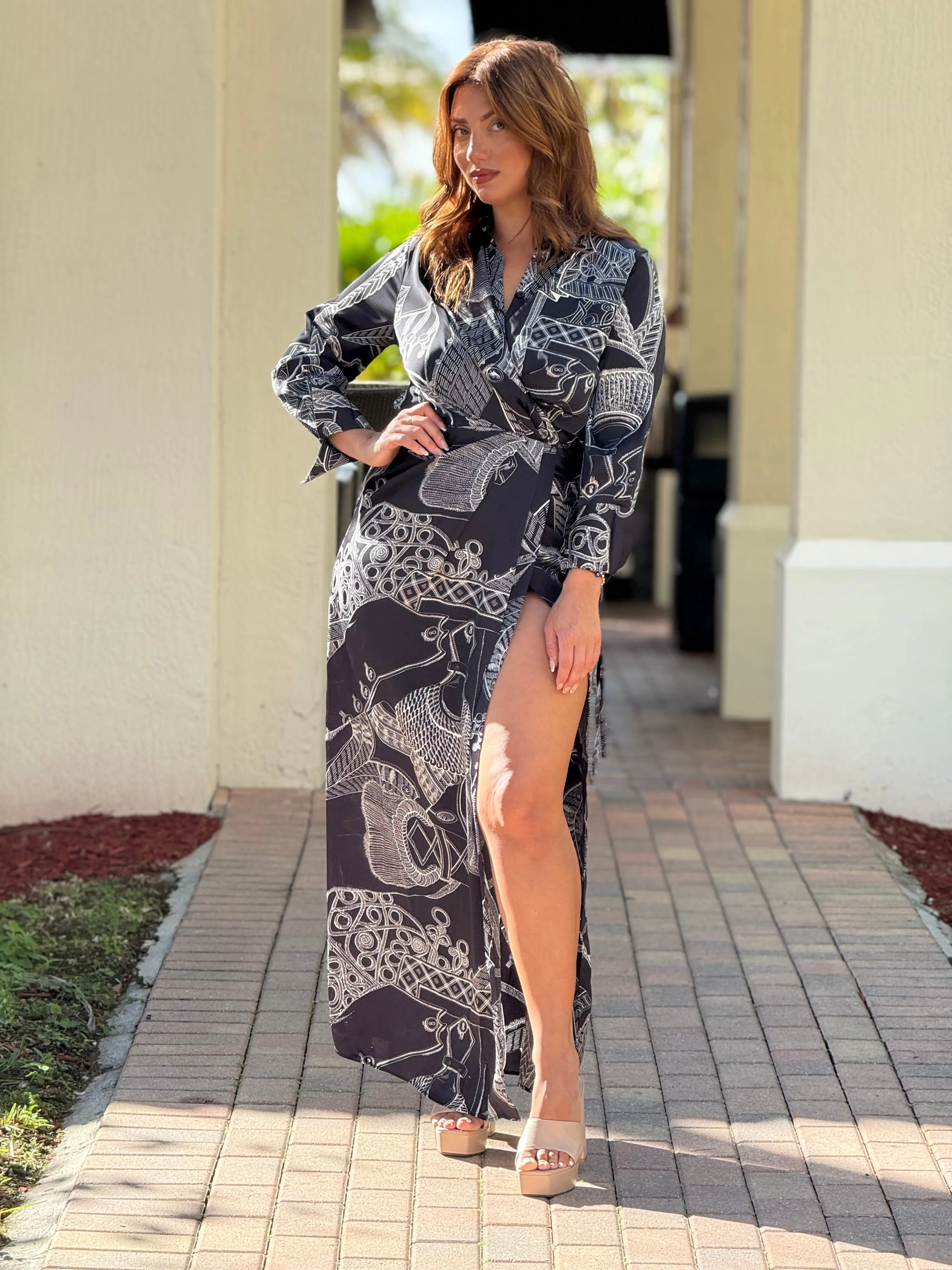 "Alanna" Long Sleeve Printed Wrap Maxi Dress