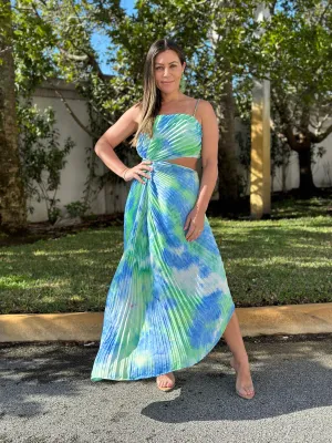 "Bell" Pleaded Asymmetric Hemline Tie Dye Midi Dress