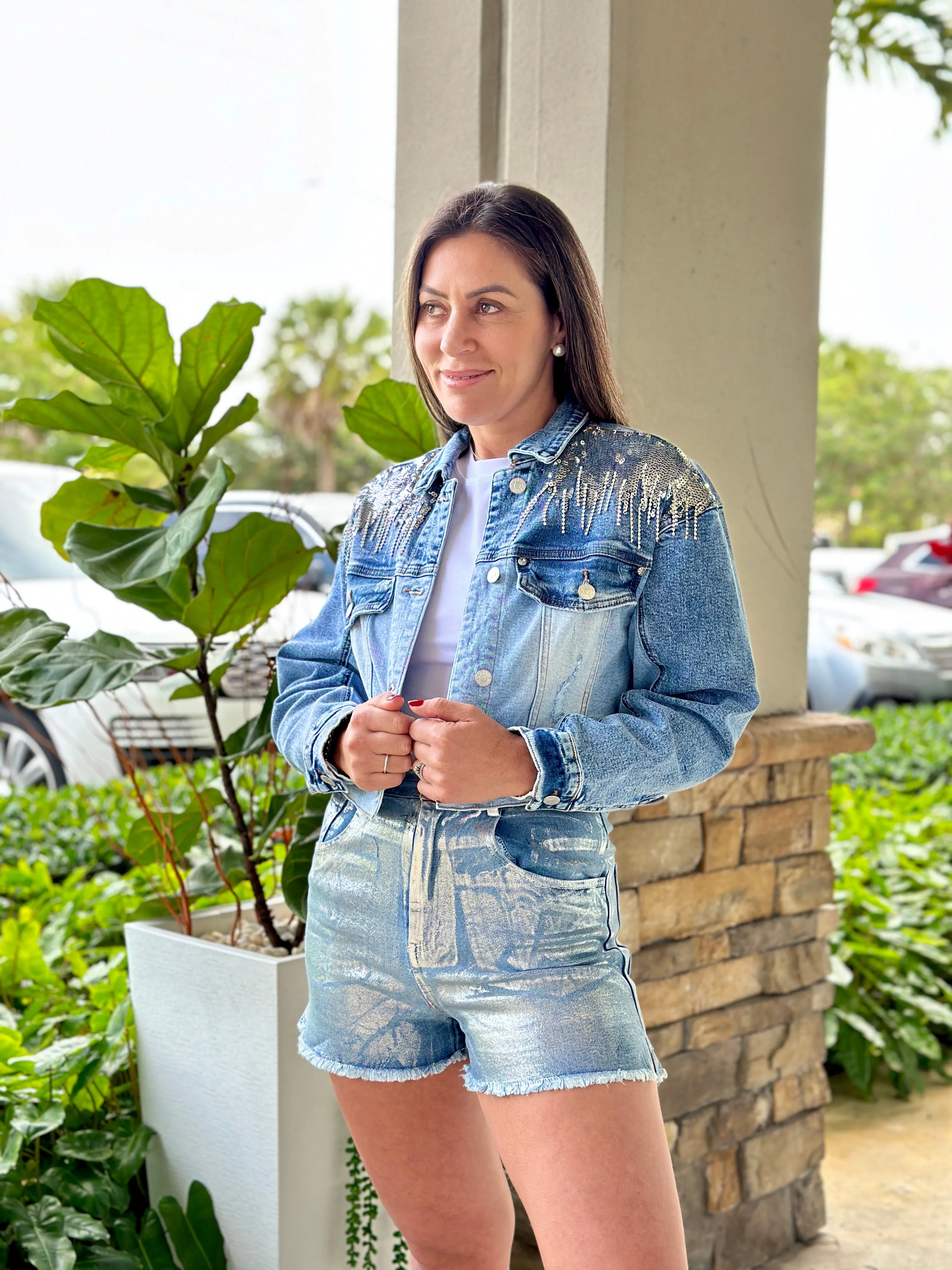 "Camilla" Sequins Details Denim Jacket