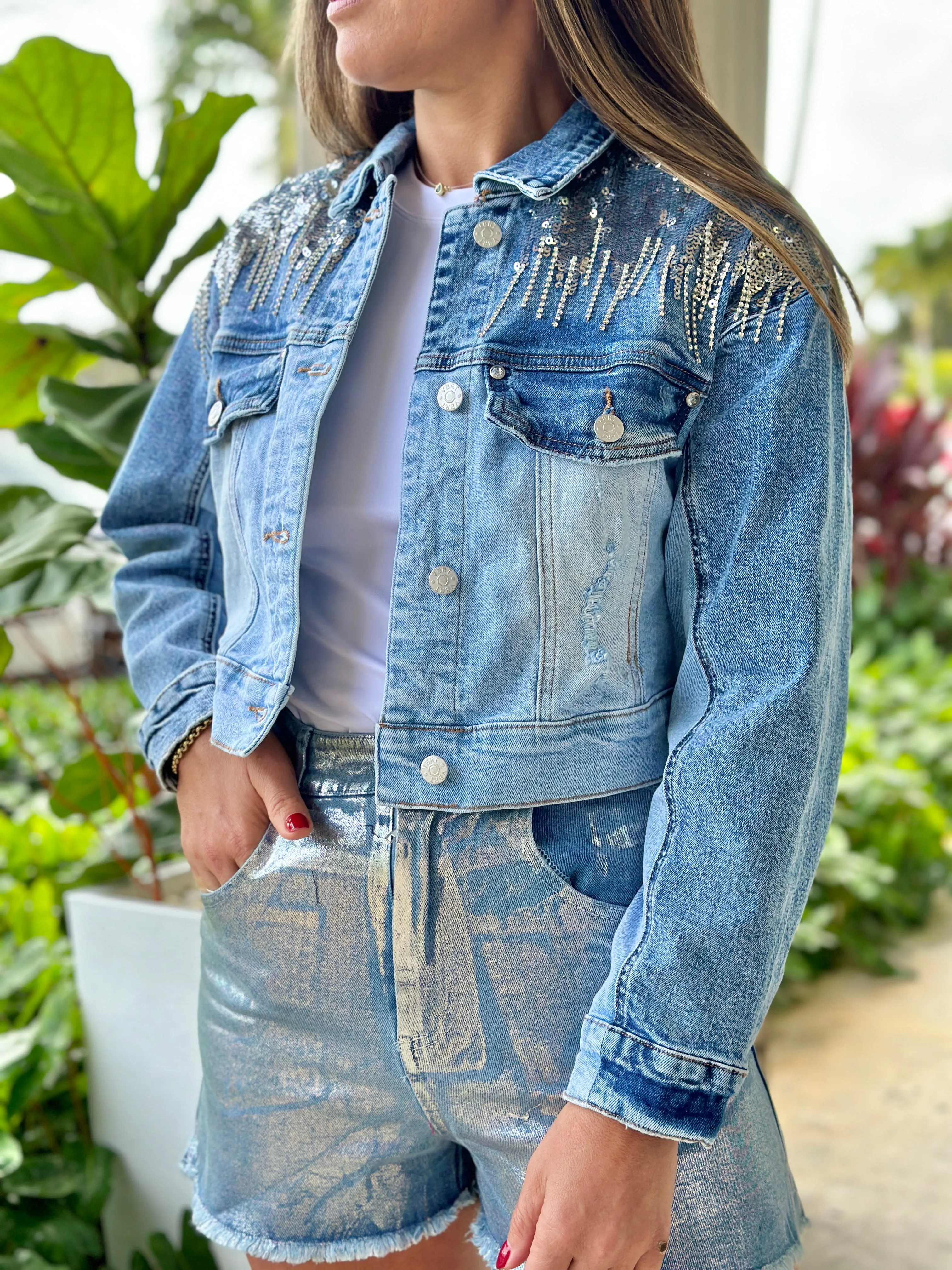 "Camilla" Sequins Details Denim Jacket