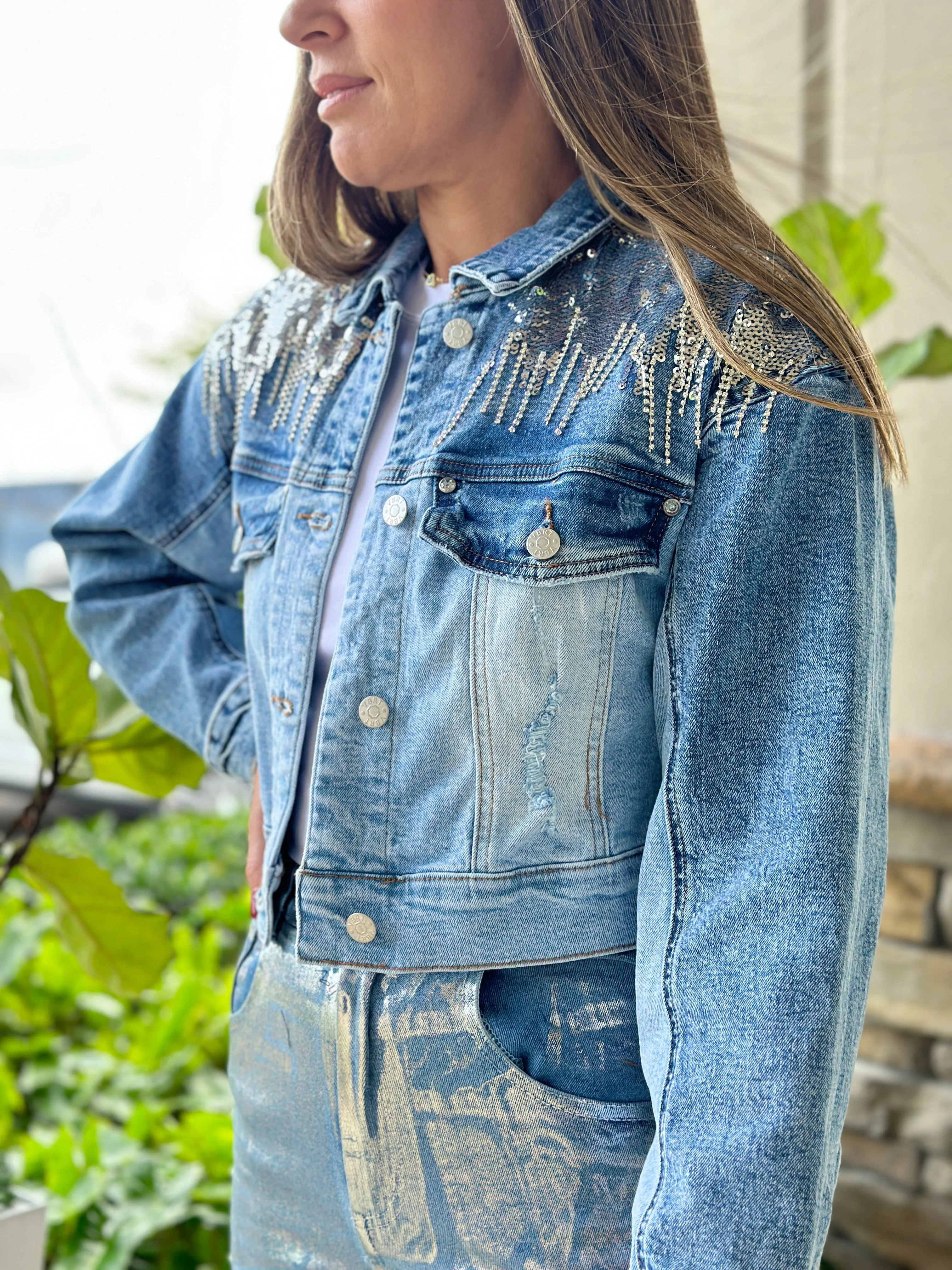"Camilla" Sequins Details Denim Jacket