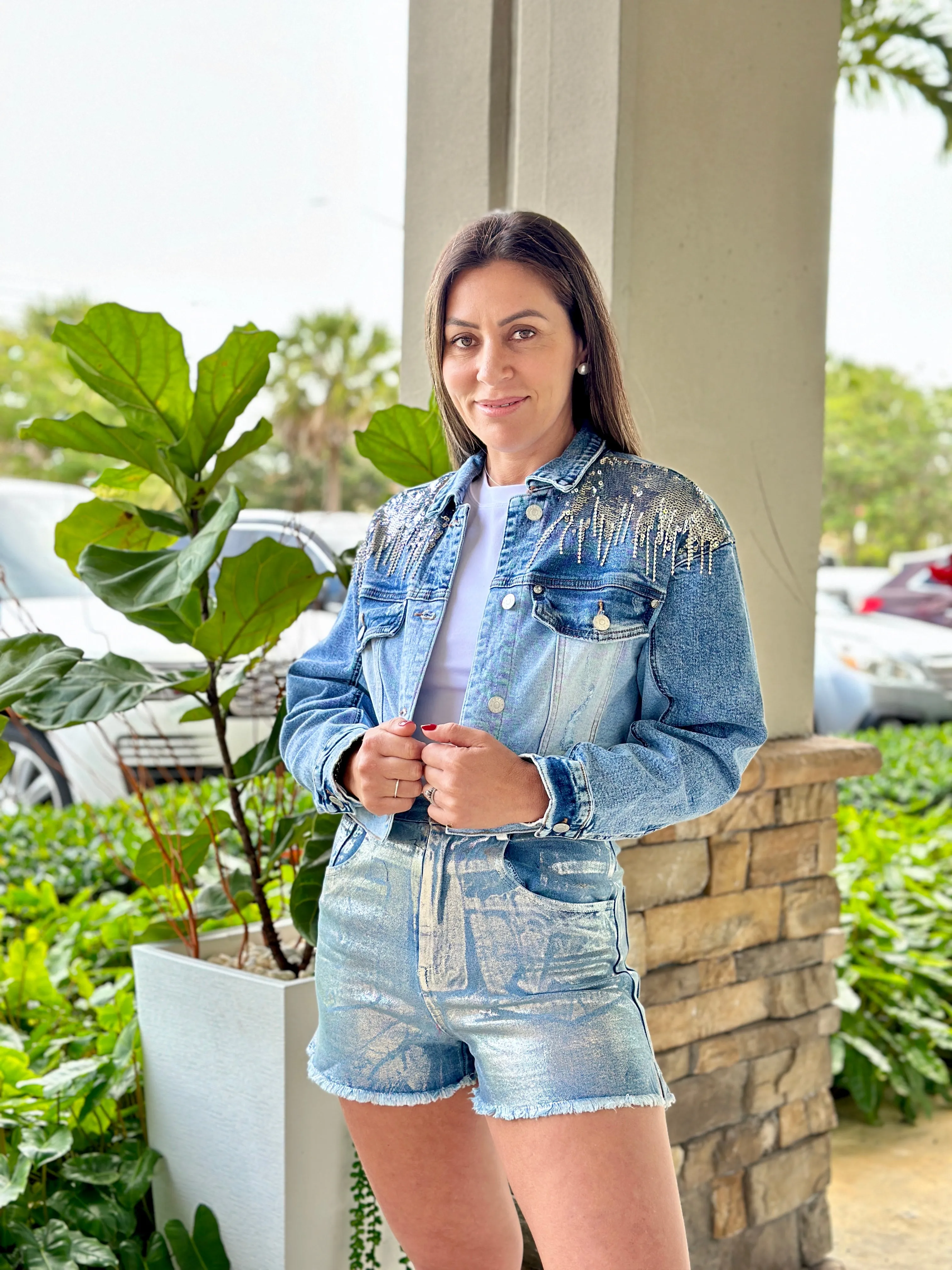 "Camilla" Sequins Details Denim Jacket