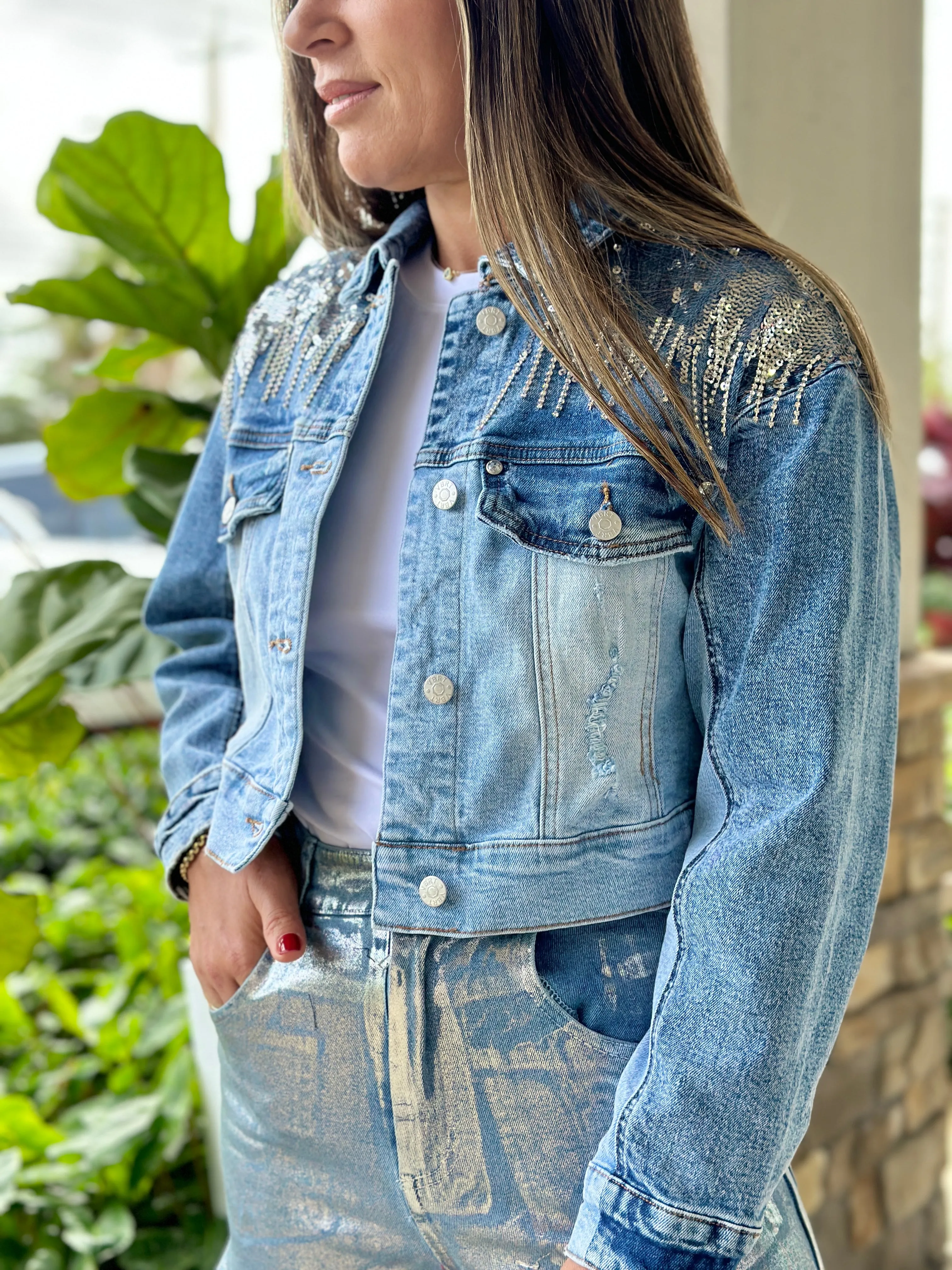 "Camilla" Sequins Details Denim Jacket