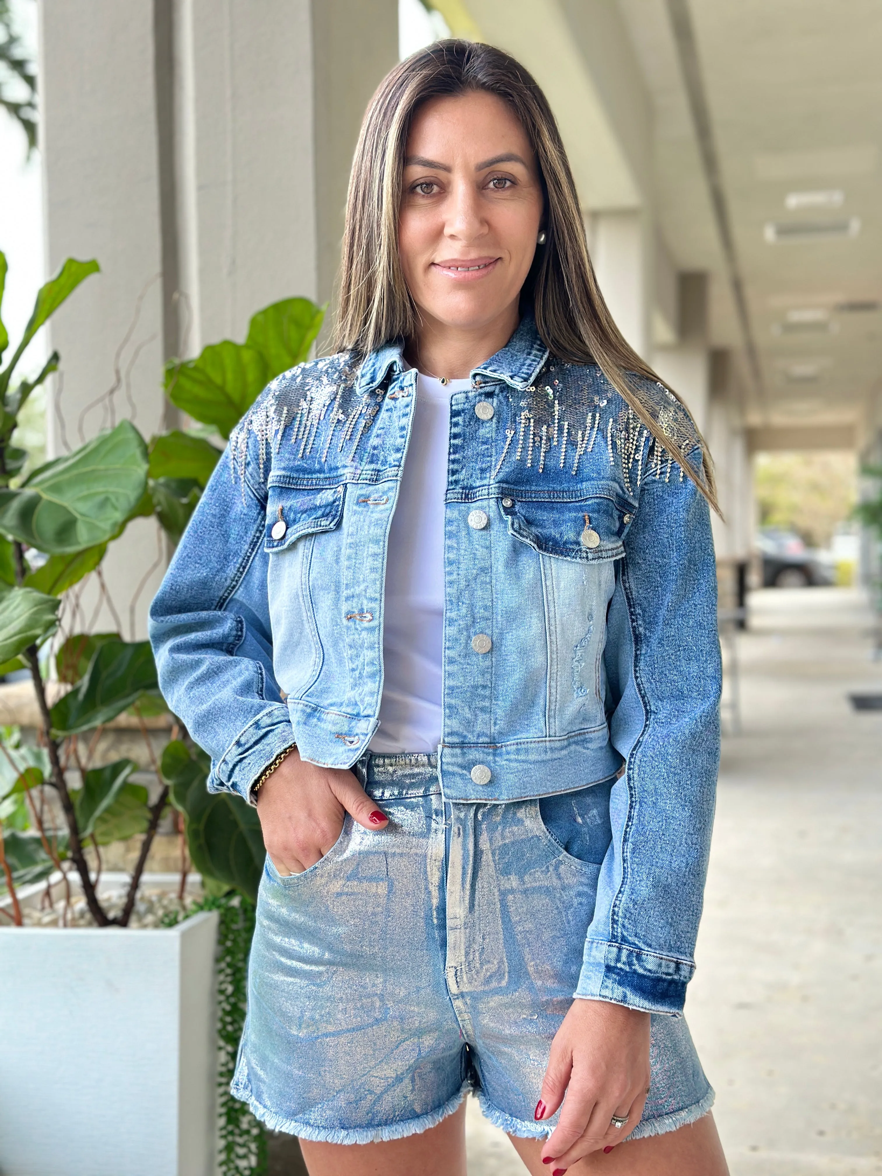 "Camilla" Sequins Details Denim Jacket