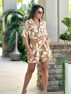 "Catalina" Women Woven Abstract Leaf Print Short Sleeve V-Neck Romper with Side Invisible Pocket and Self Belt