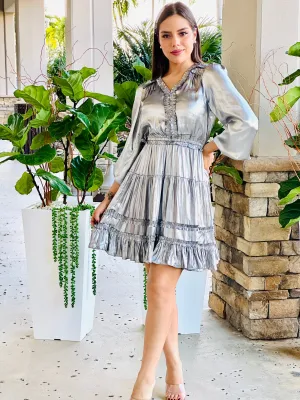 "Fabiola" Long Sleeve Split Neck Elasticized Mini Dress