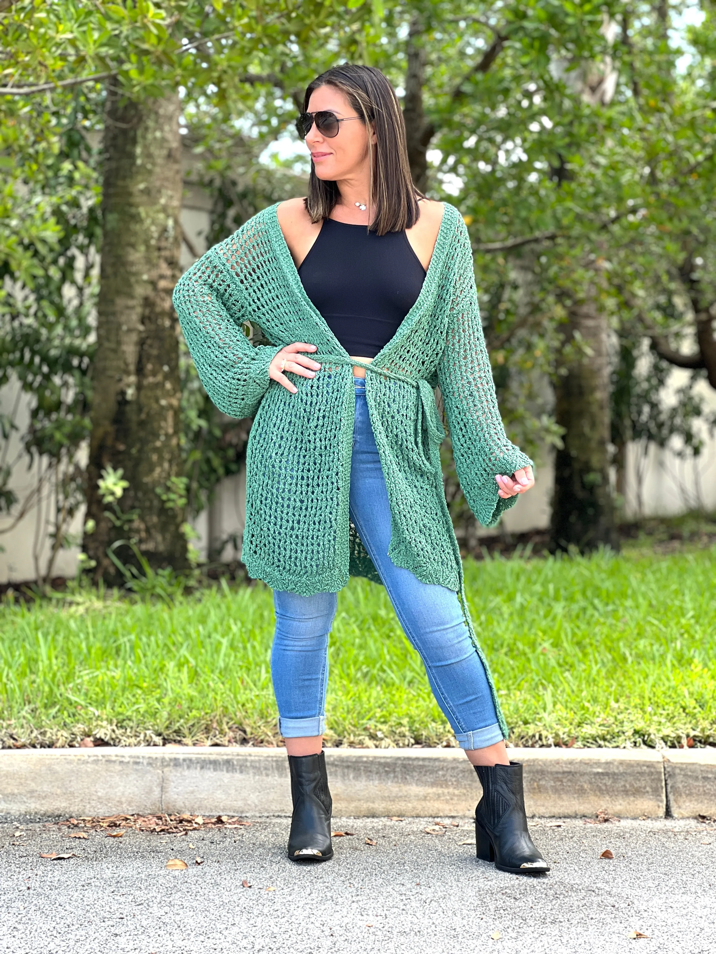 "Hanna" Open Crochet Belted Cardigan