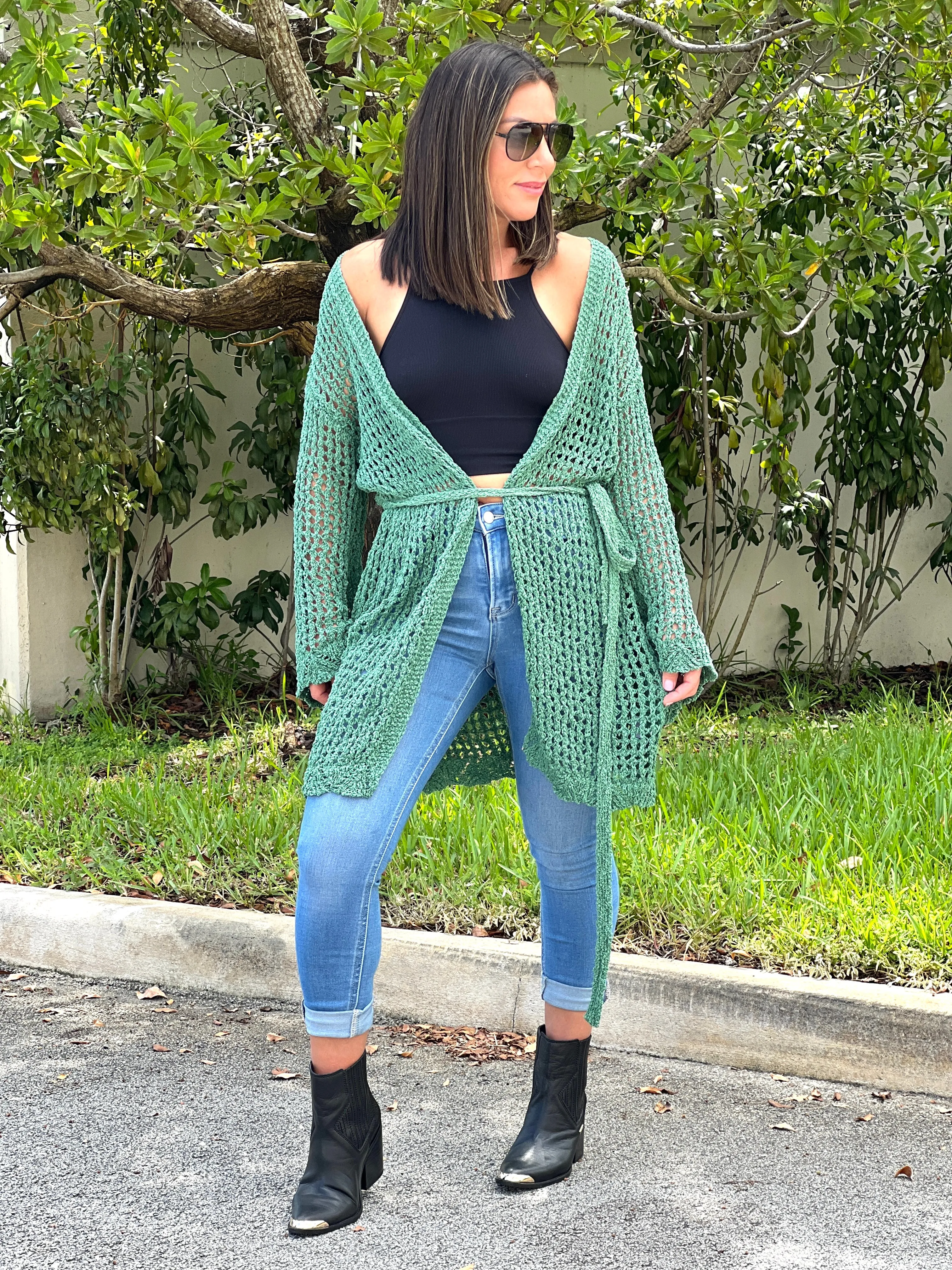 "Hanna" Open Crochet Belted Cardigan
