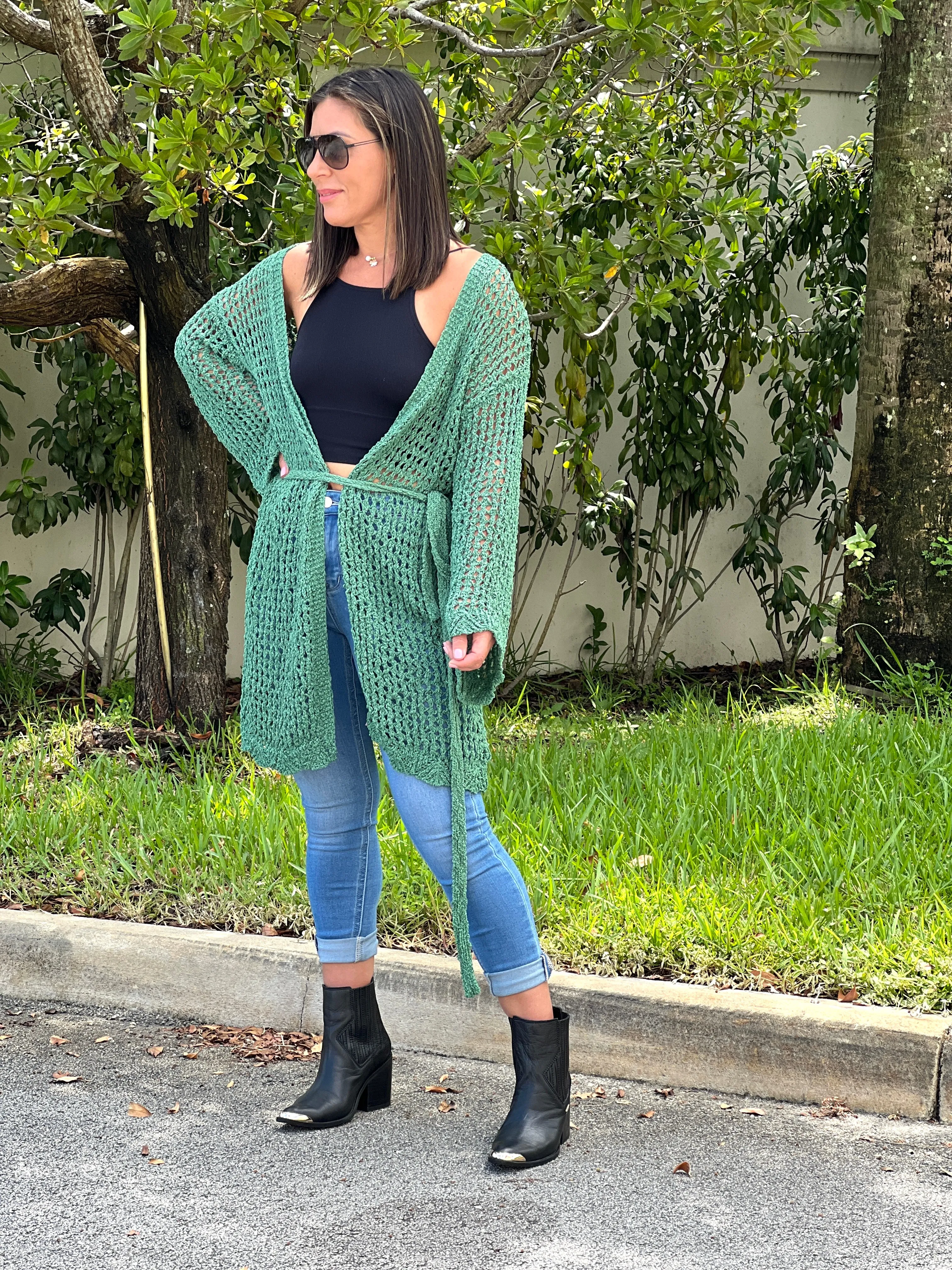 "Hanna" Open Crochet Belted Cardigan