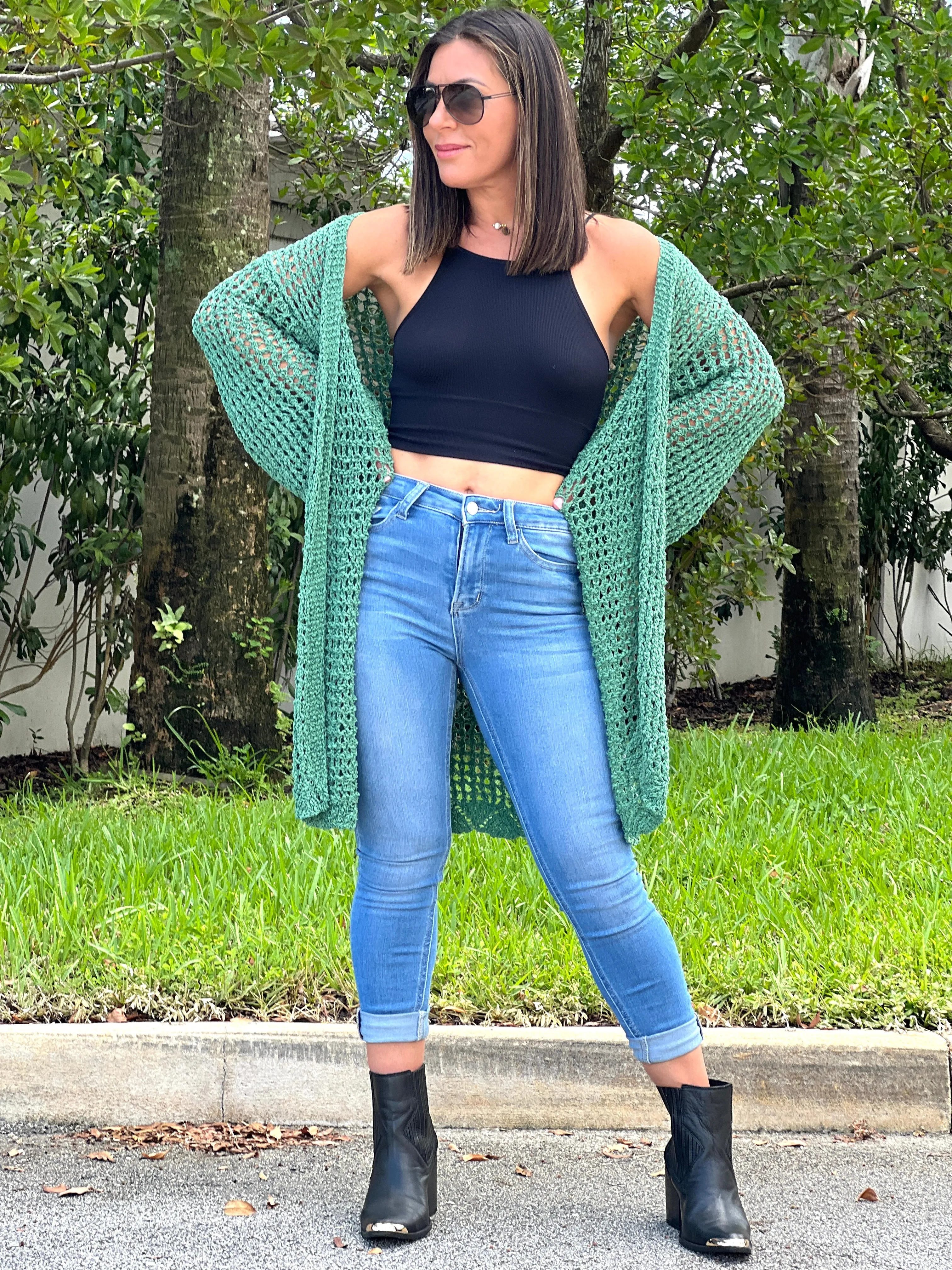 "Hanna" Open Crochet Belted Cardigan