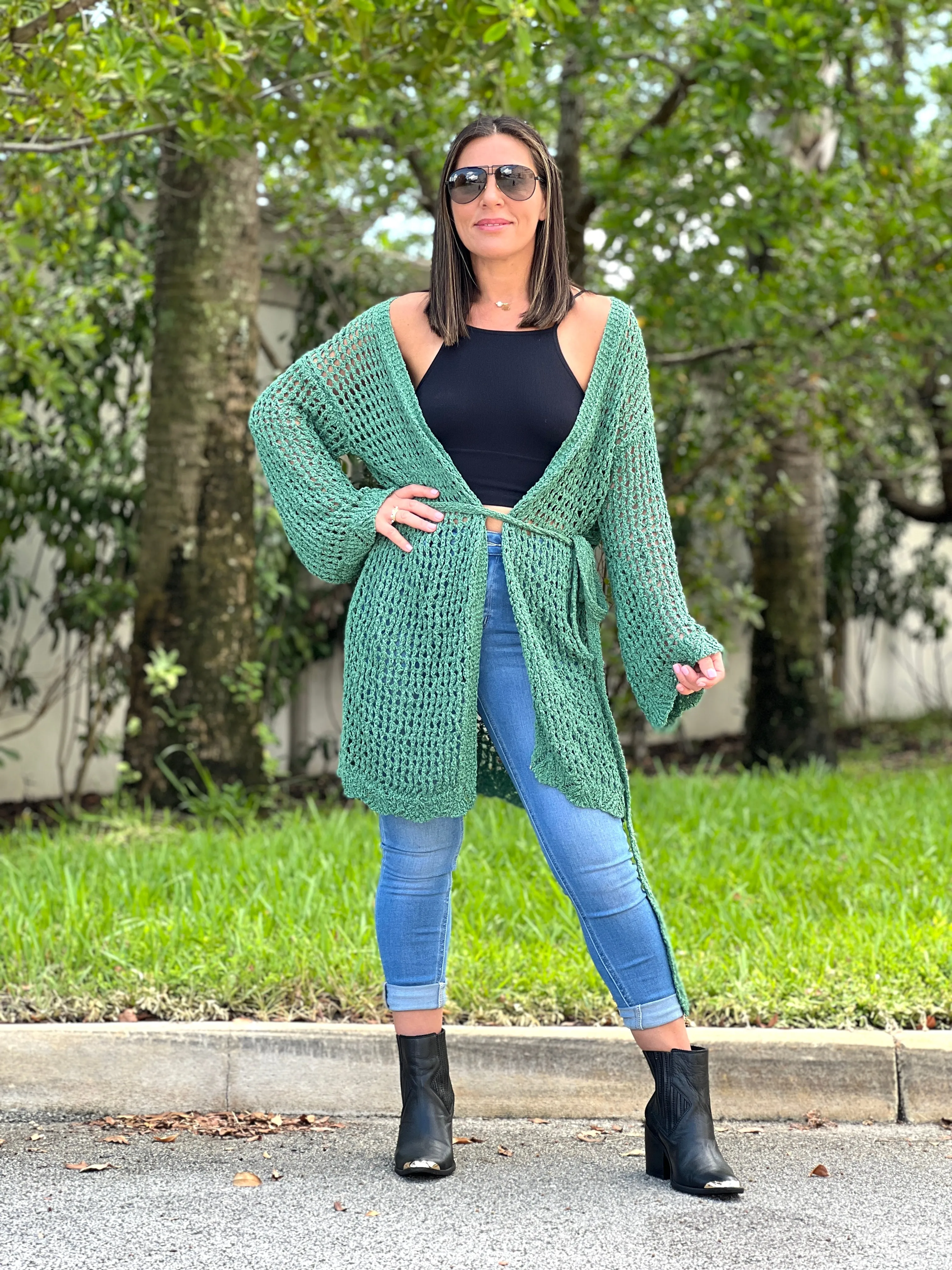 "Hanna" Open Crochet Belted Cardigan