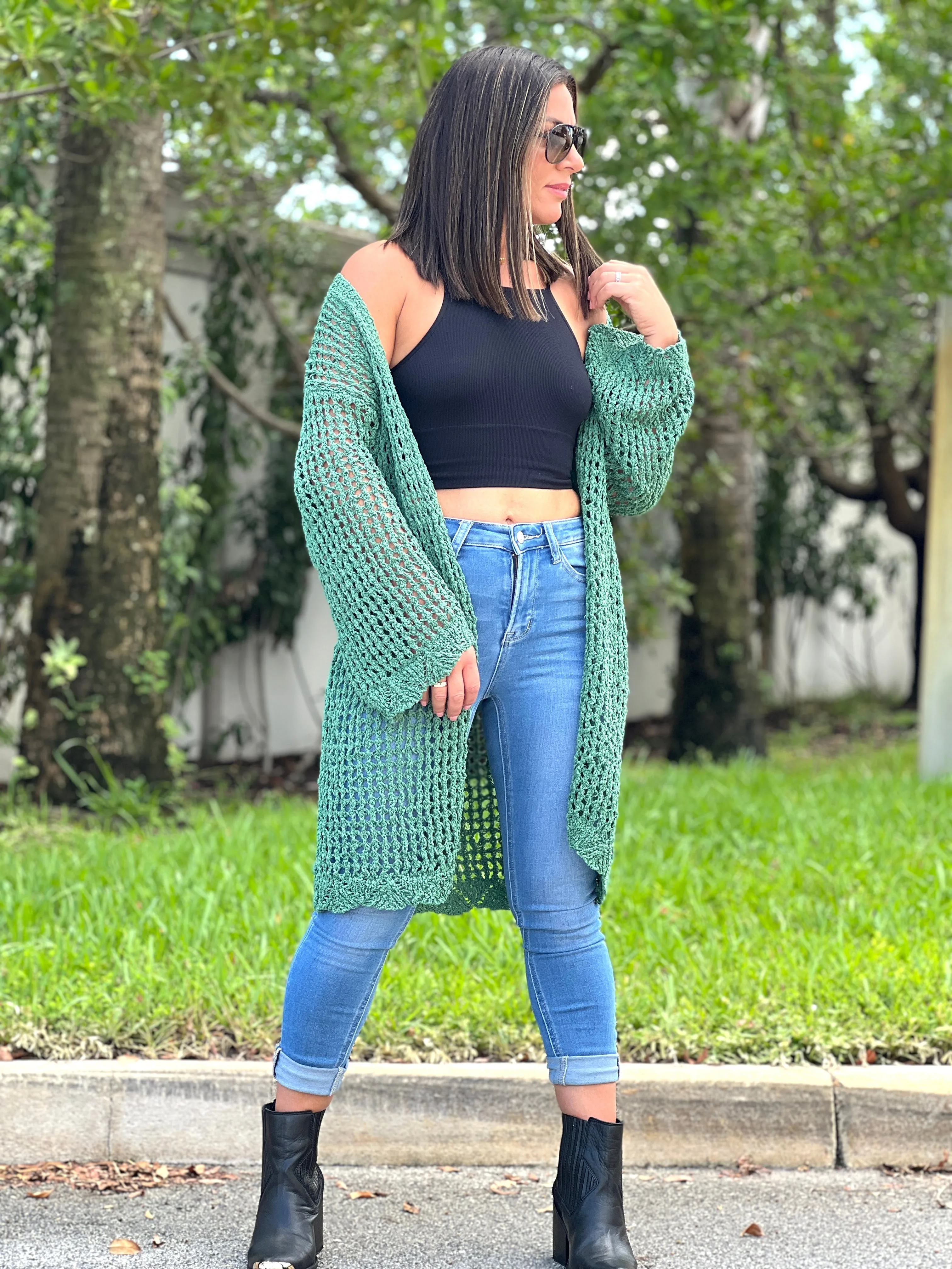 "Hanna" Open Crochet Belted Cardigan