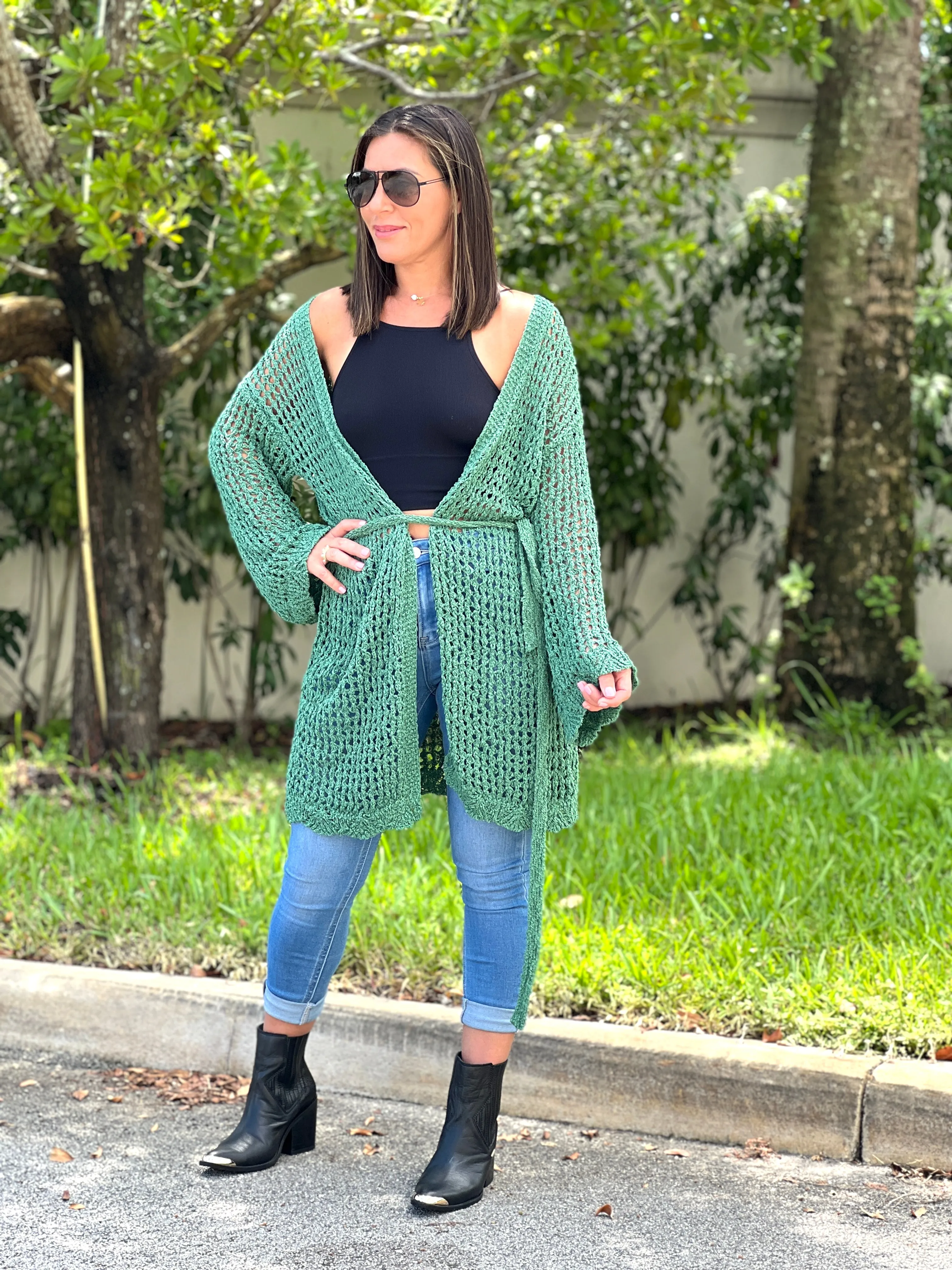 "Hanna" Open Crochet Belted Cardigan