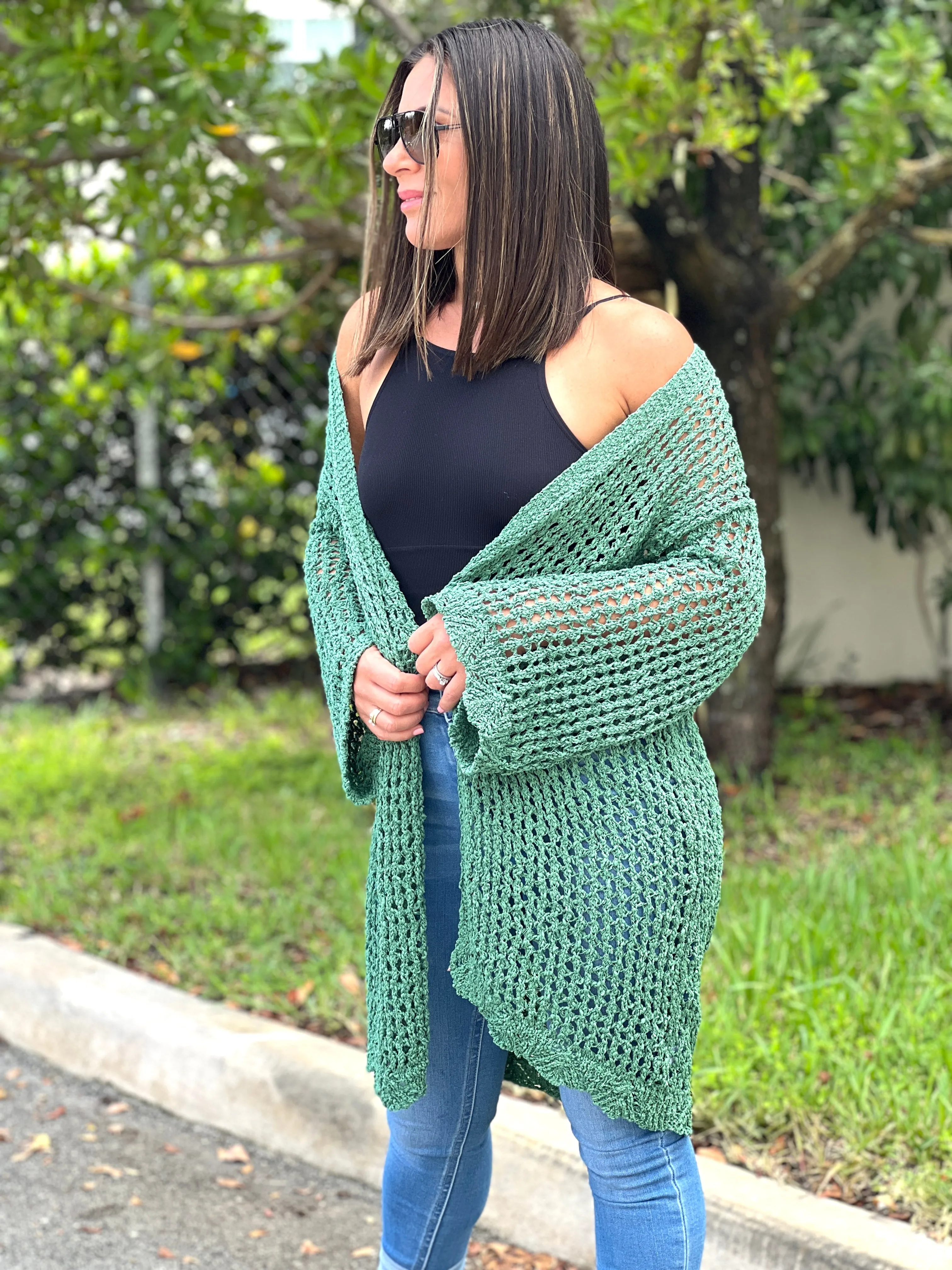 "Hanna" Open Crochet Belted Cardigan
