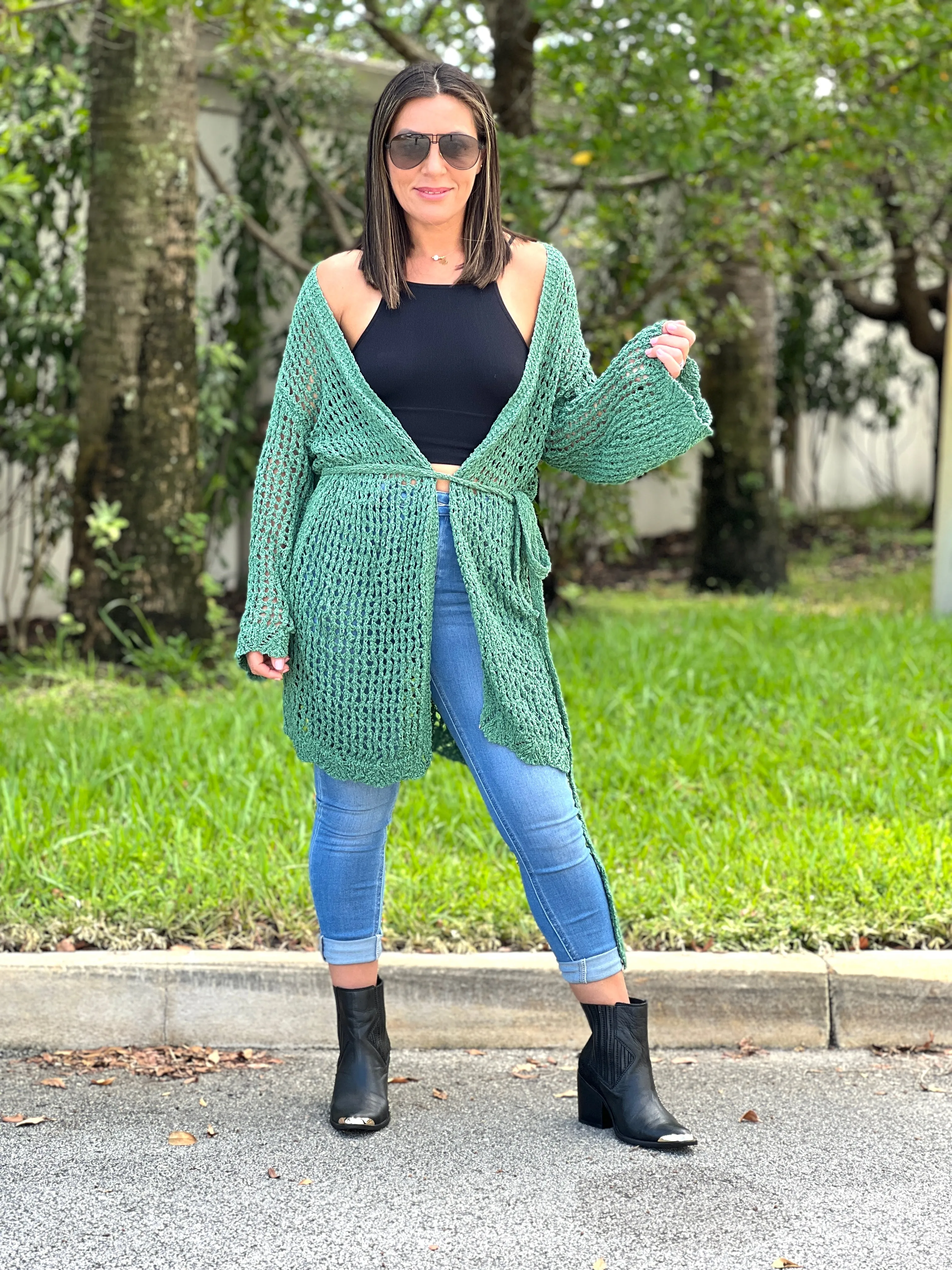 "Hanna" Open Crochet Belted Cardigan