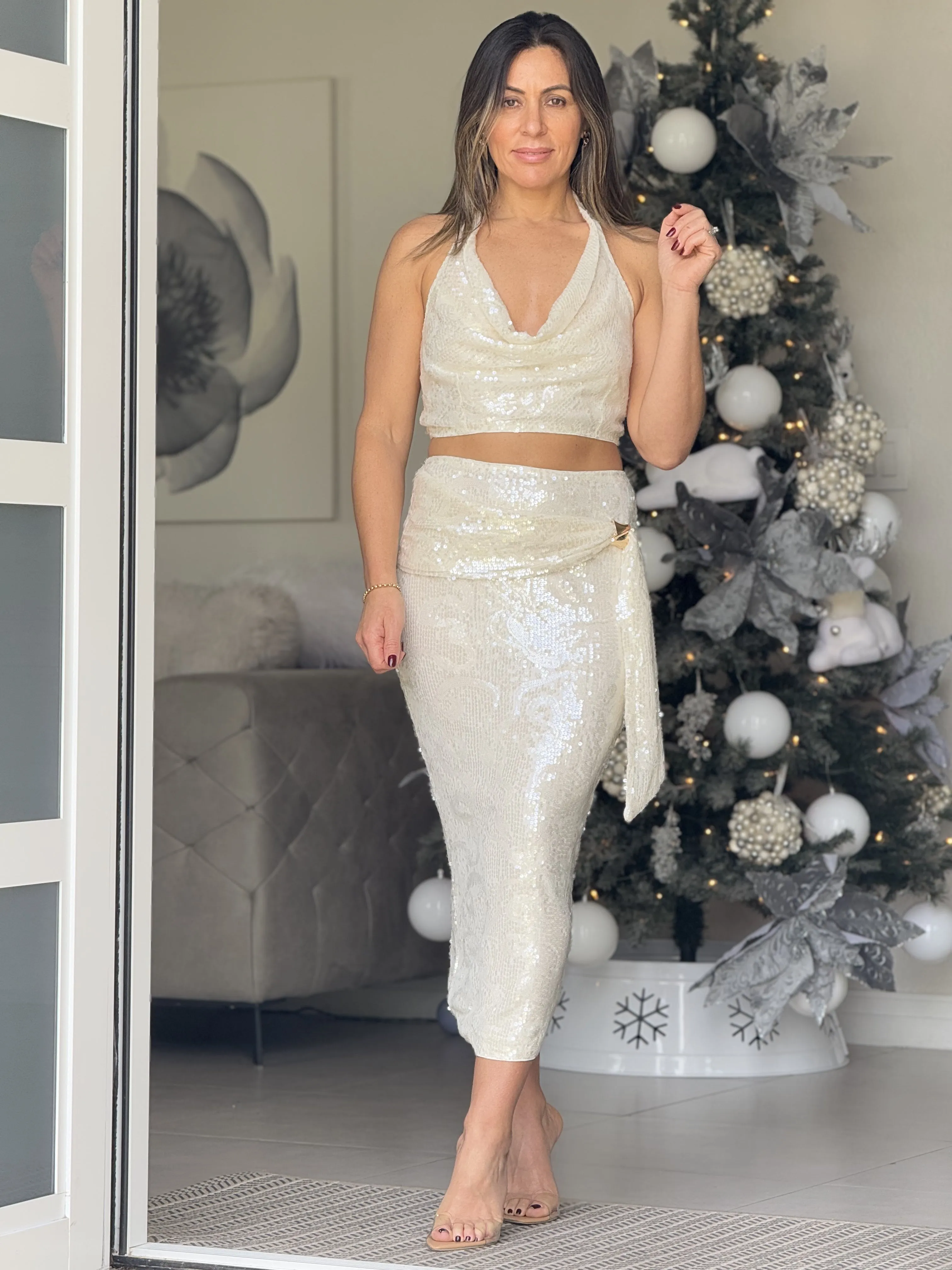 "Kloe" Sequins midi Skirt And Crop Top Set