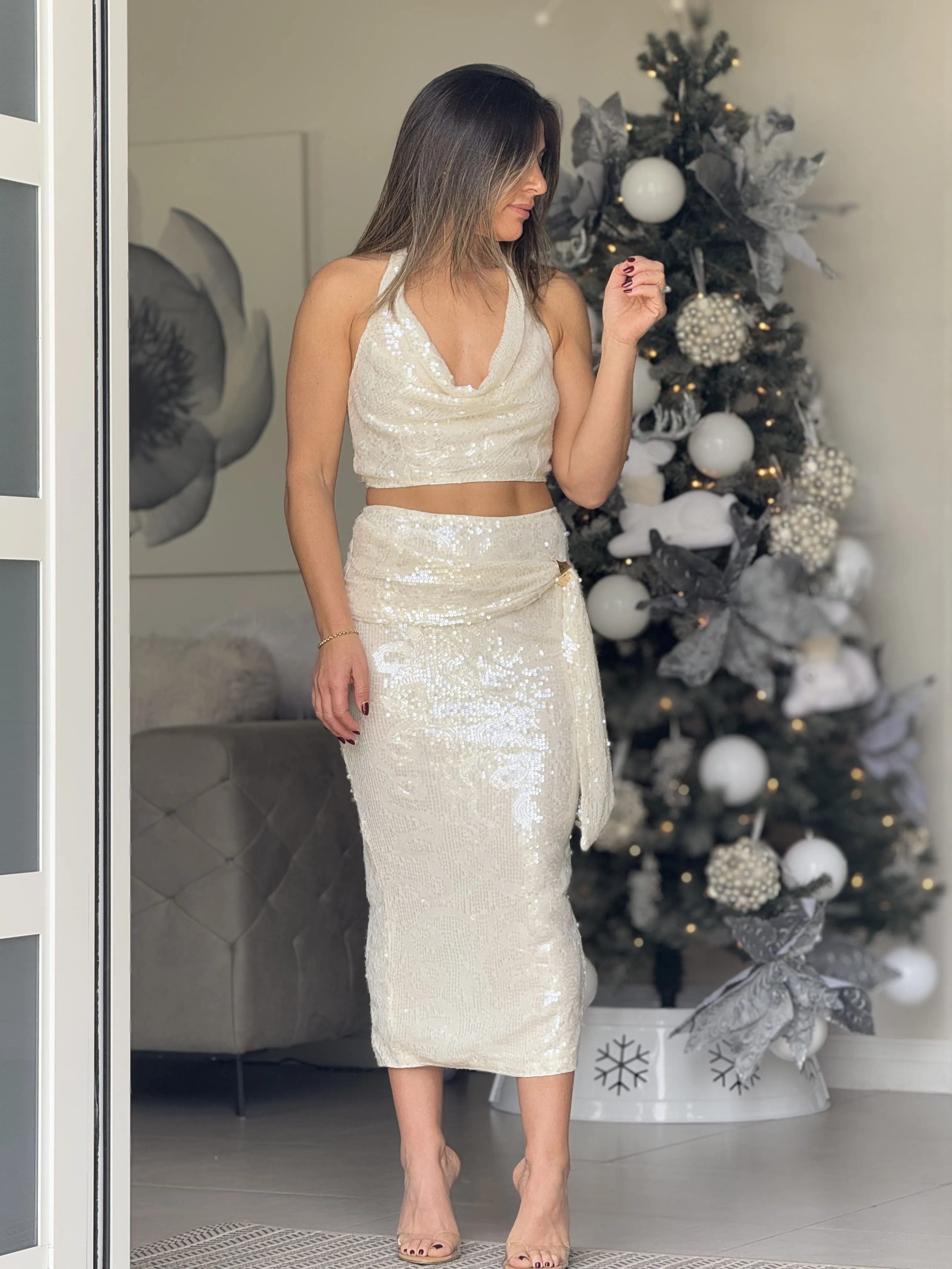 "Kloe" Sequins midi Skirt And Crop Top Set