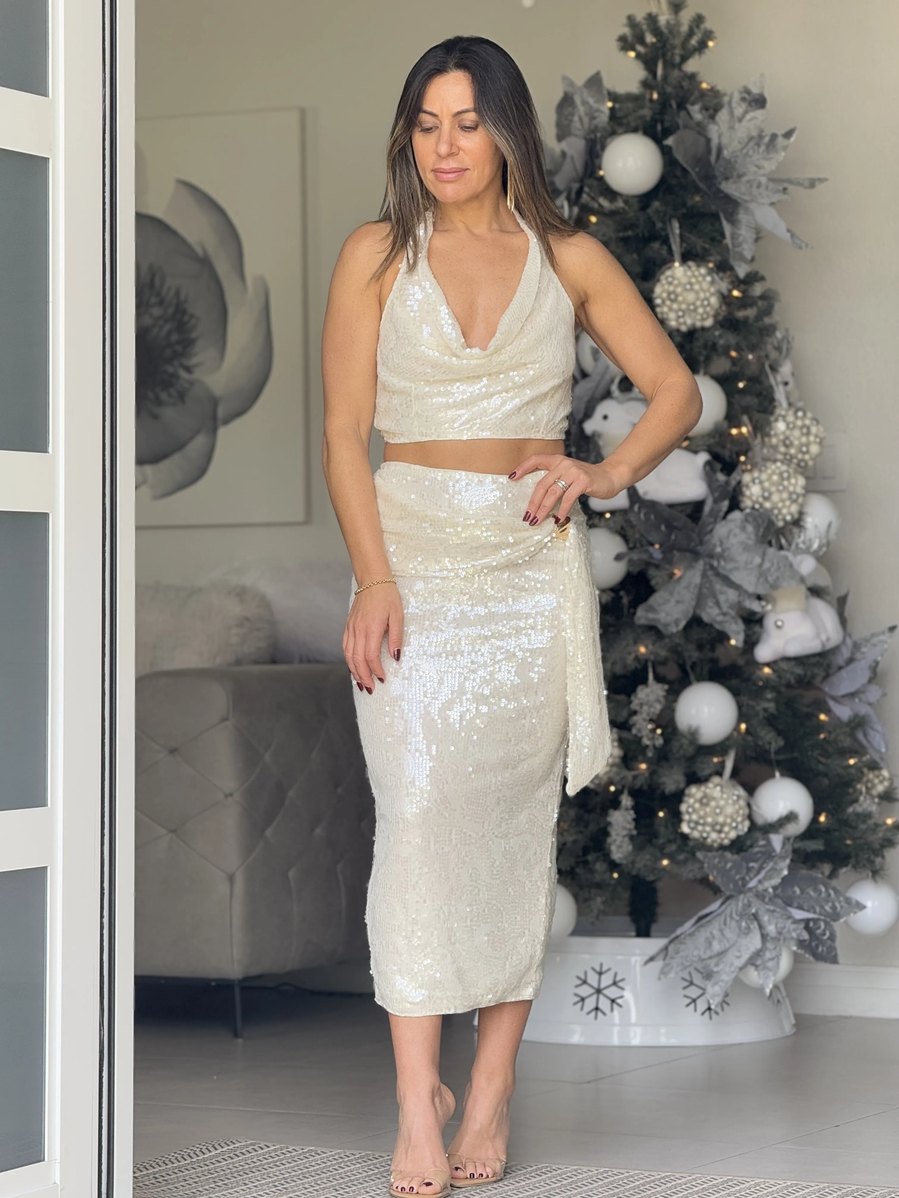 "Kloe" Sequins midi Skirt And Crop Top Set