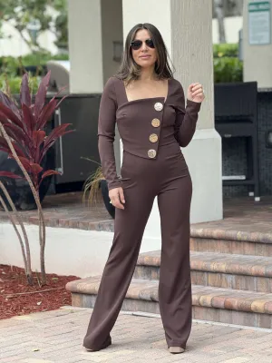 "Lory" Long Sleeve Jumpsuit , Gold Buttons Detail In Front, Zipper in The Back