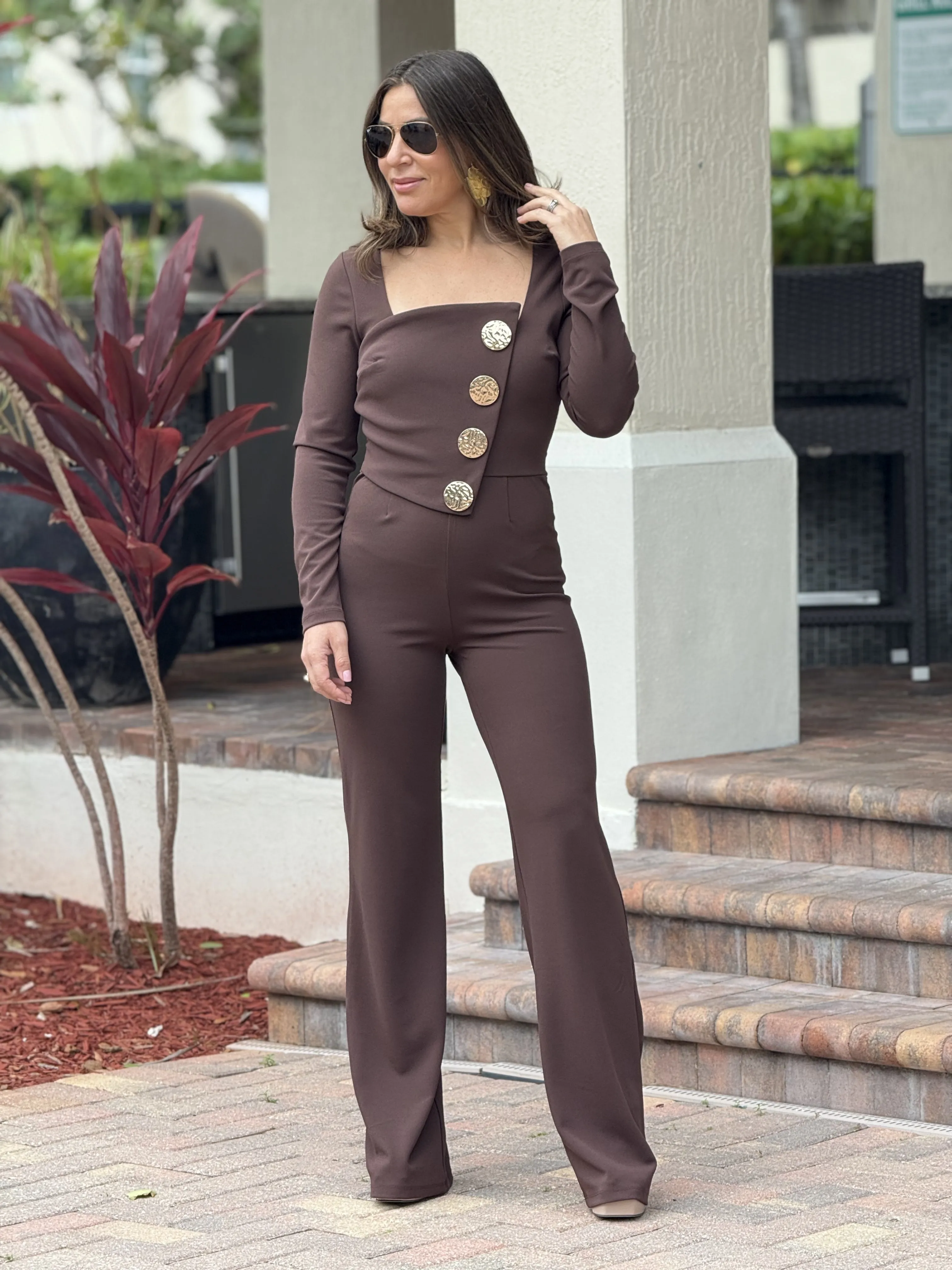 "Lory" Long Sleeve Jumpsuit , Gold Buttons Detail In Front, Zipper in The Back