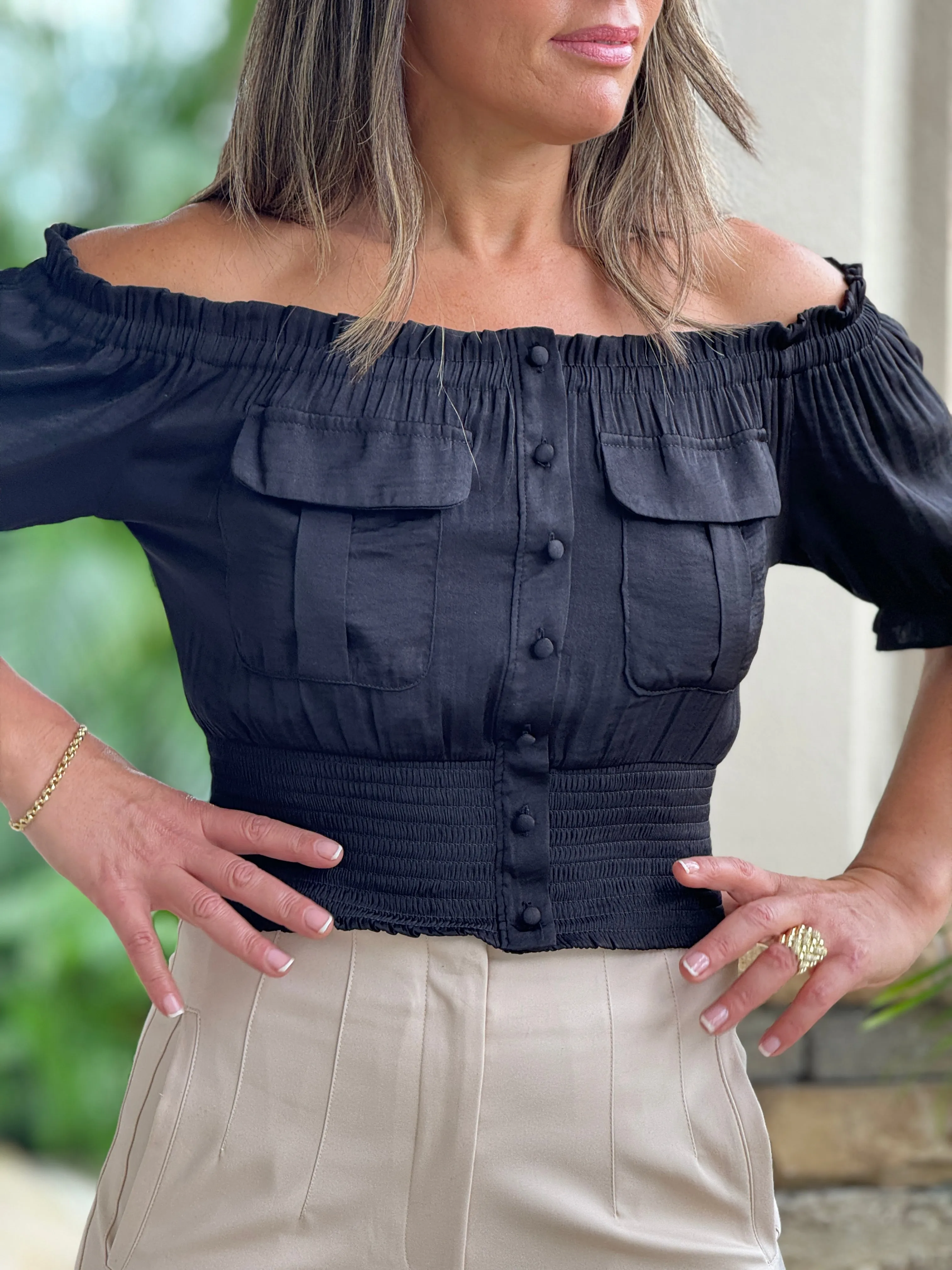 "Melinda" Off Shoulder Front Pockets Top