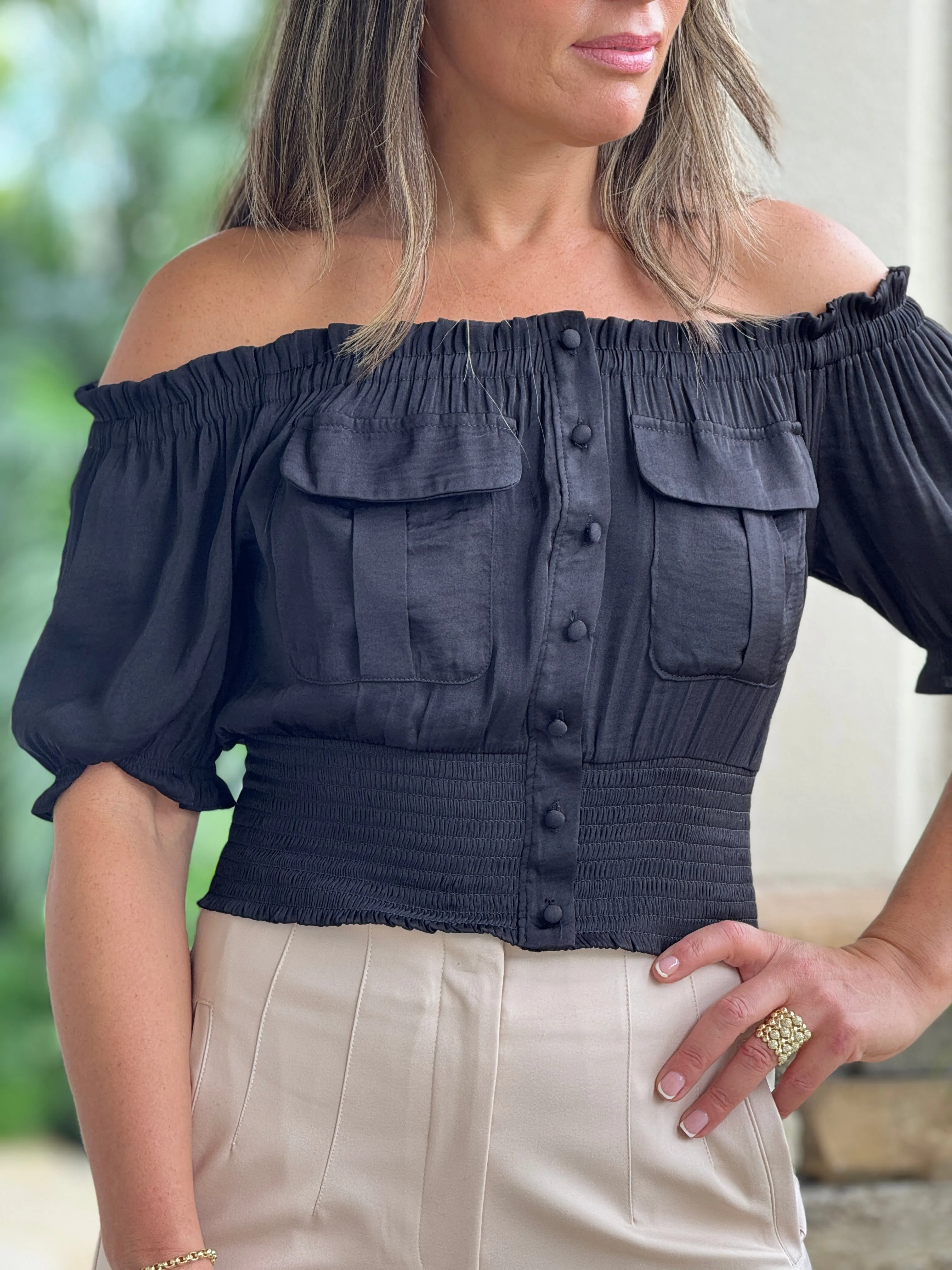 "Melinda" Off Shoulder Front Pockets Top