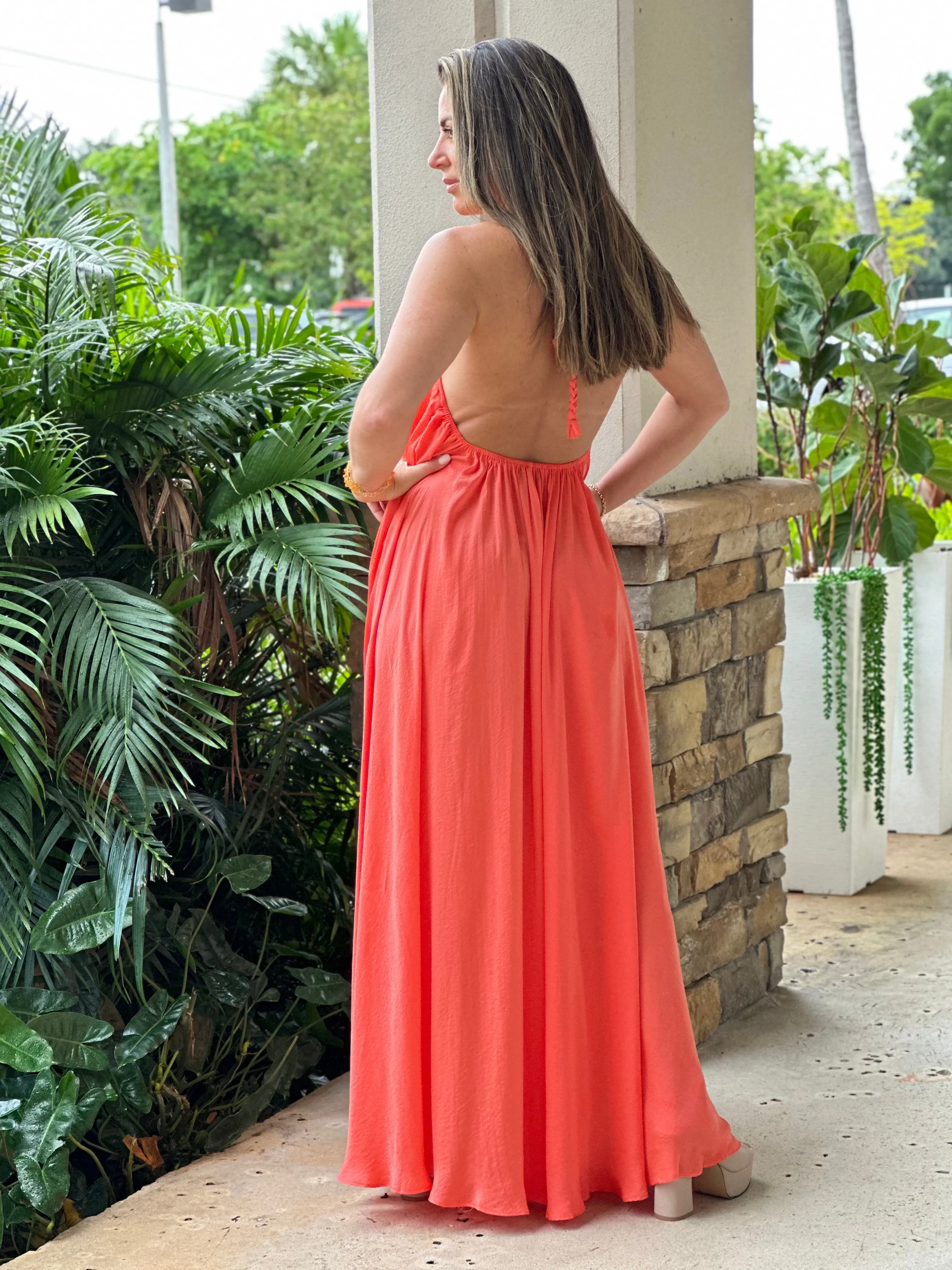 "Monique" Halter Braid Neck Strap Backless Maxi Dress