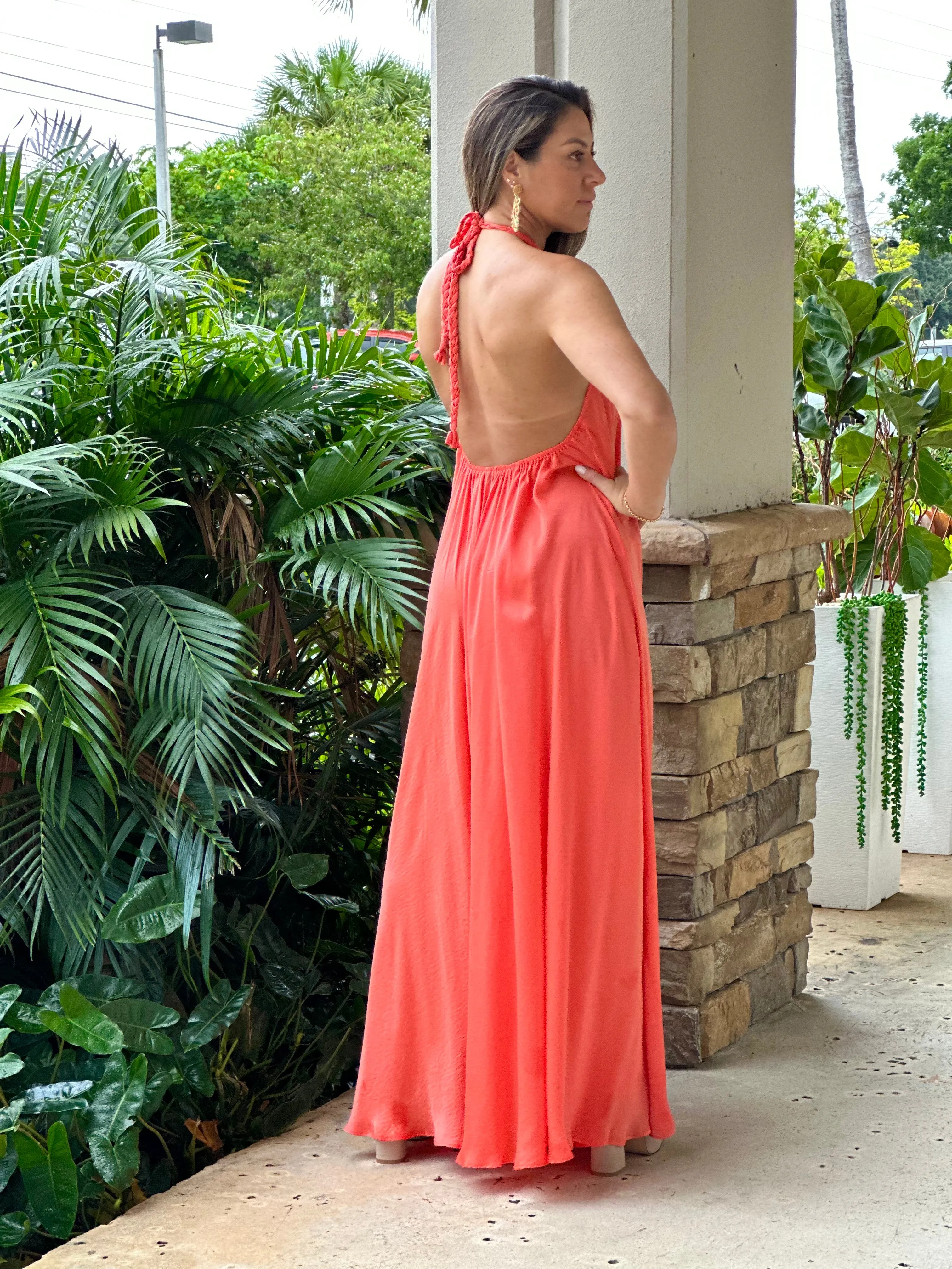 "Monique" Halter Braid Neck Strap Backless Maxi Dress