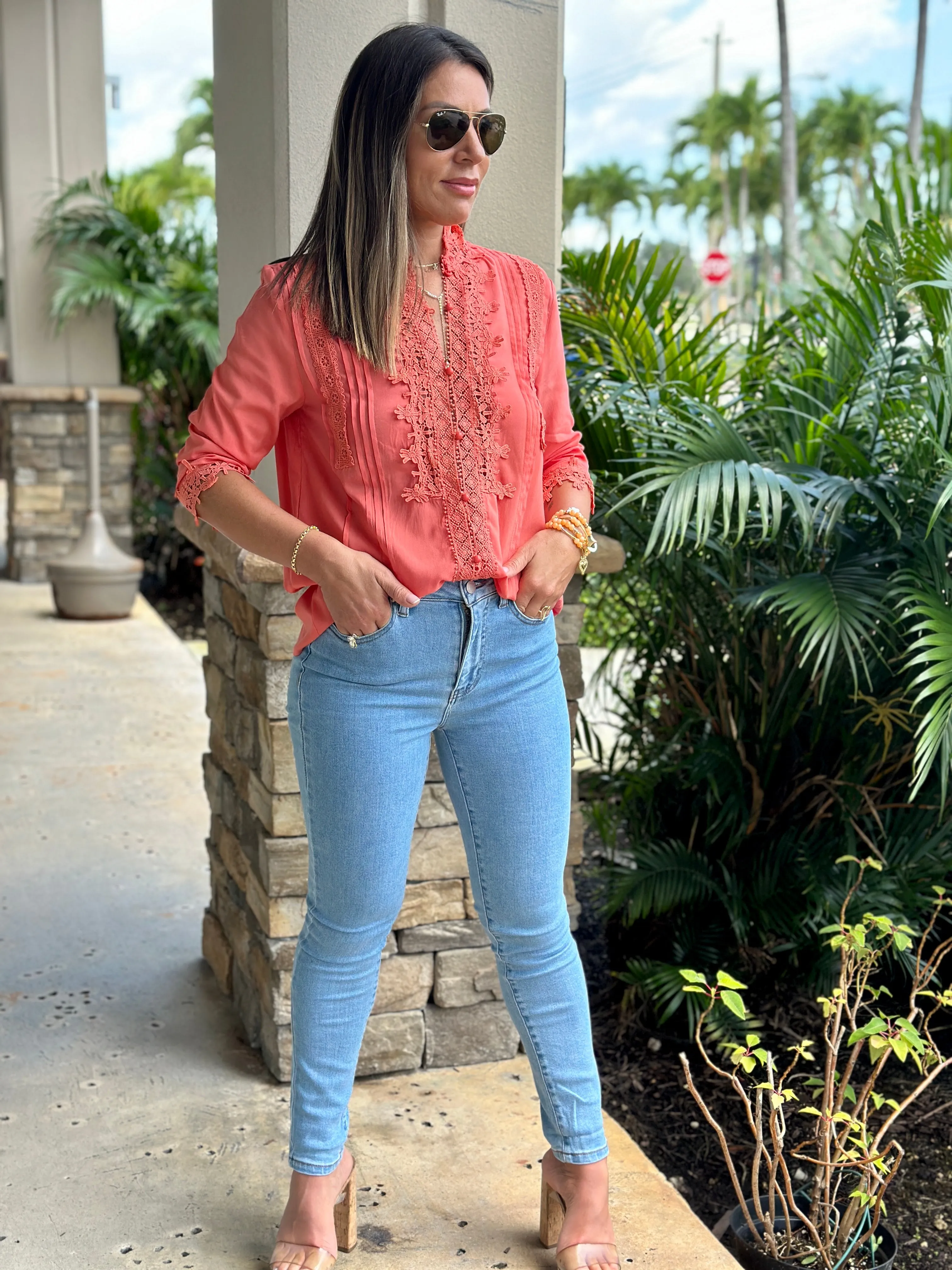"Patty" Lace Trim Detail Blouse Top