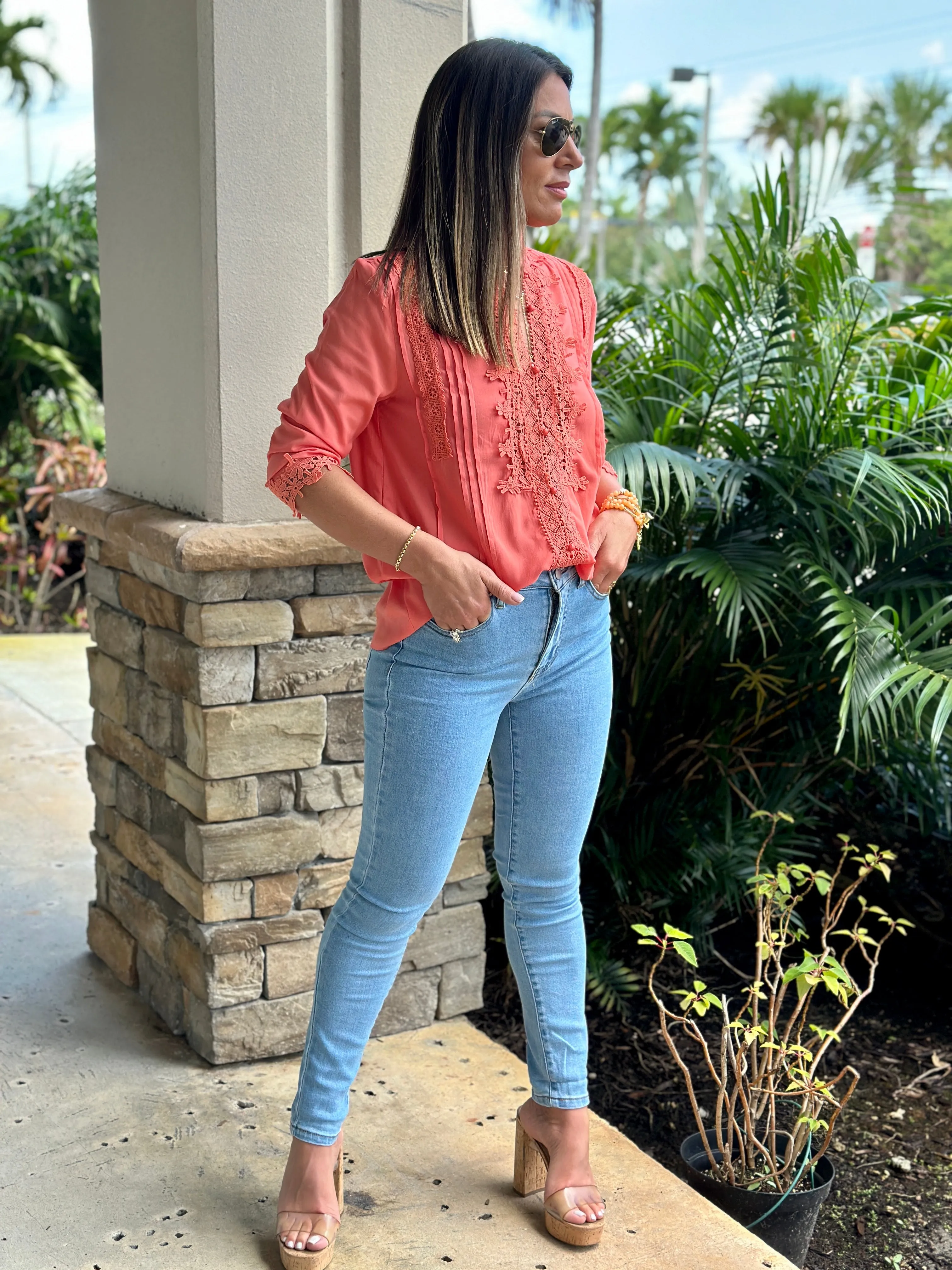 "Patty" Lace Trim Detail Blouse Top