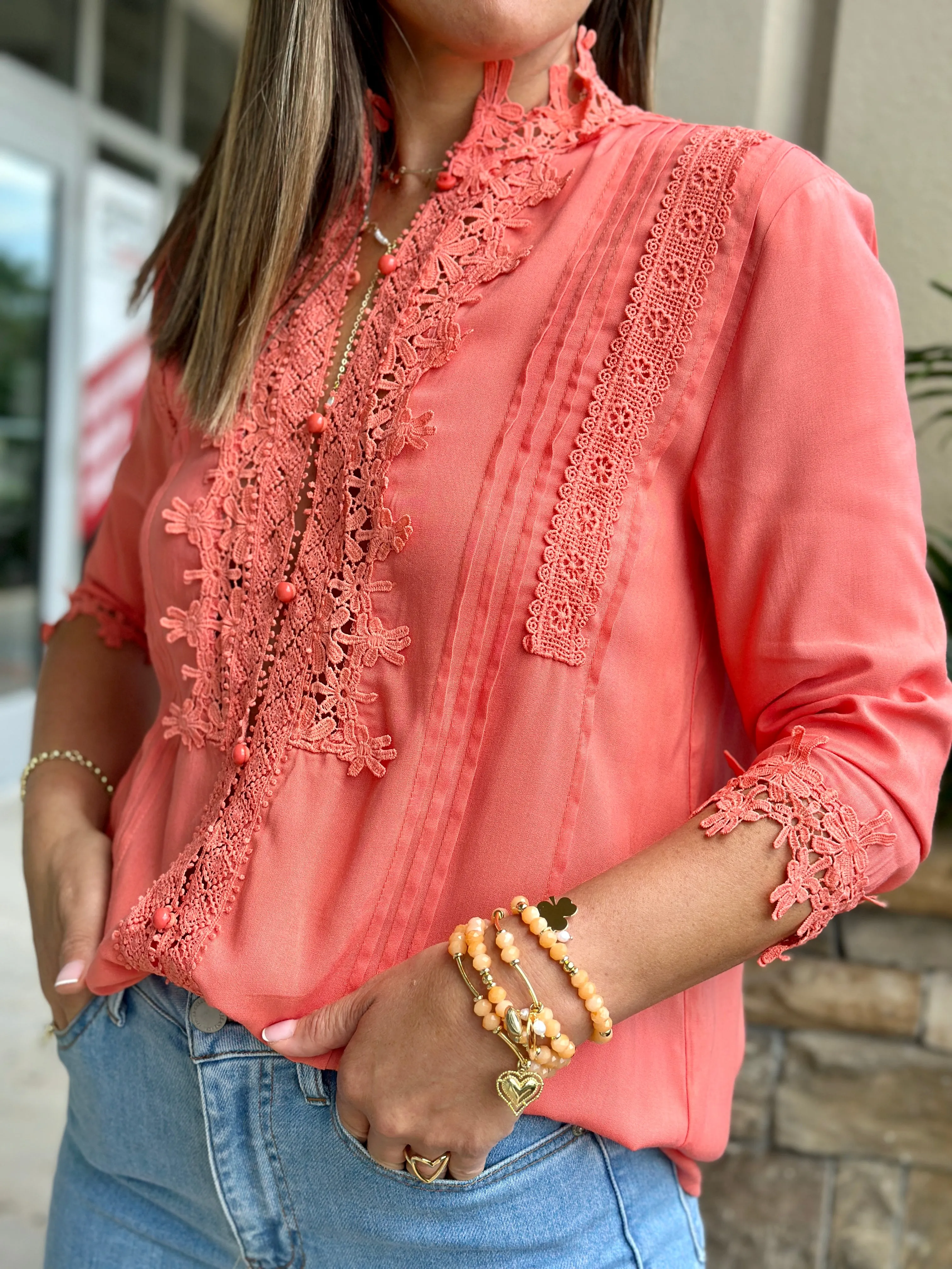 "Patty" Lace Trim Detail Blouse Top
