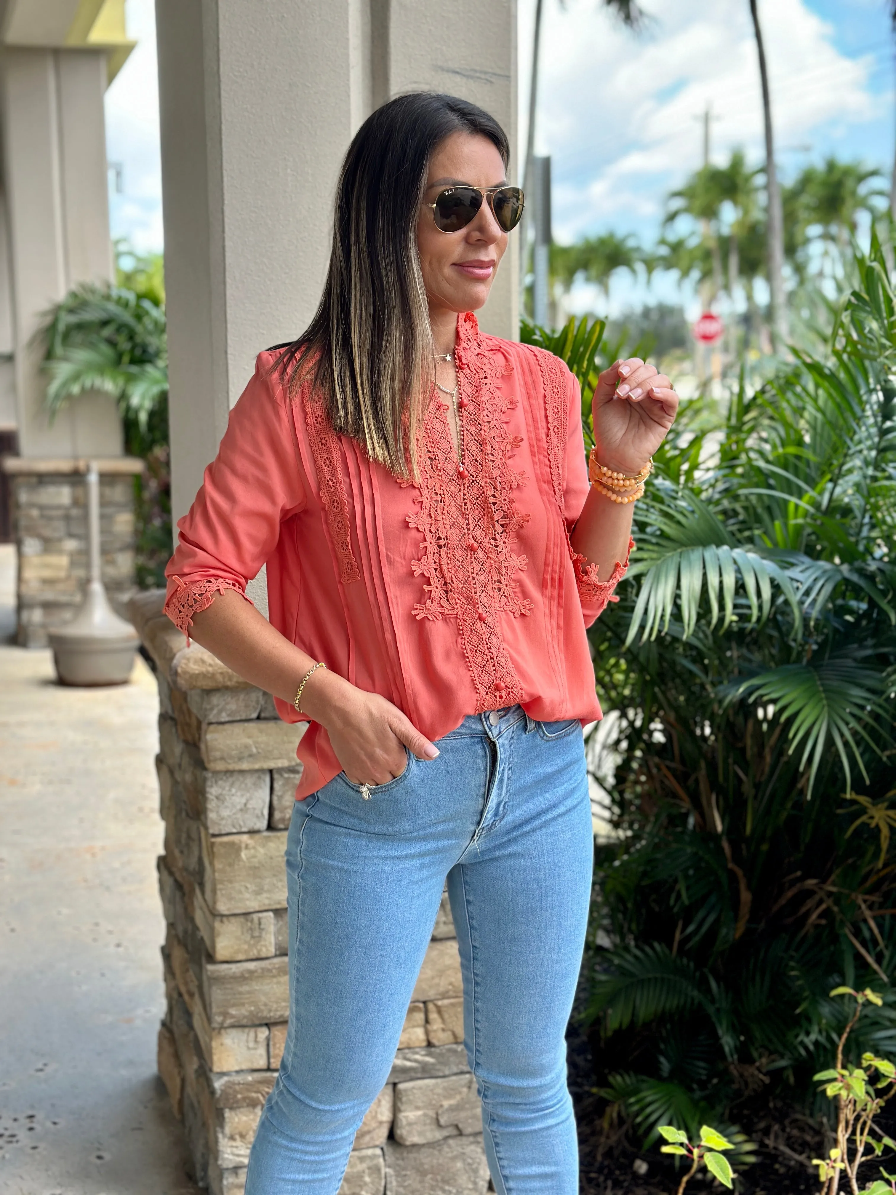 "Patty" Lace Trim Detail Blouse Top