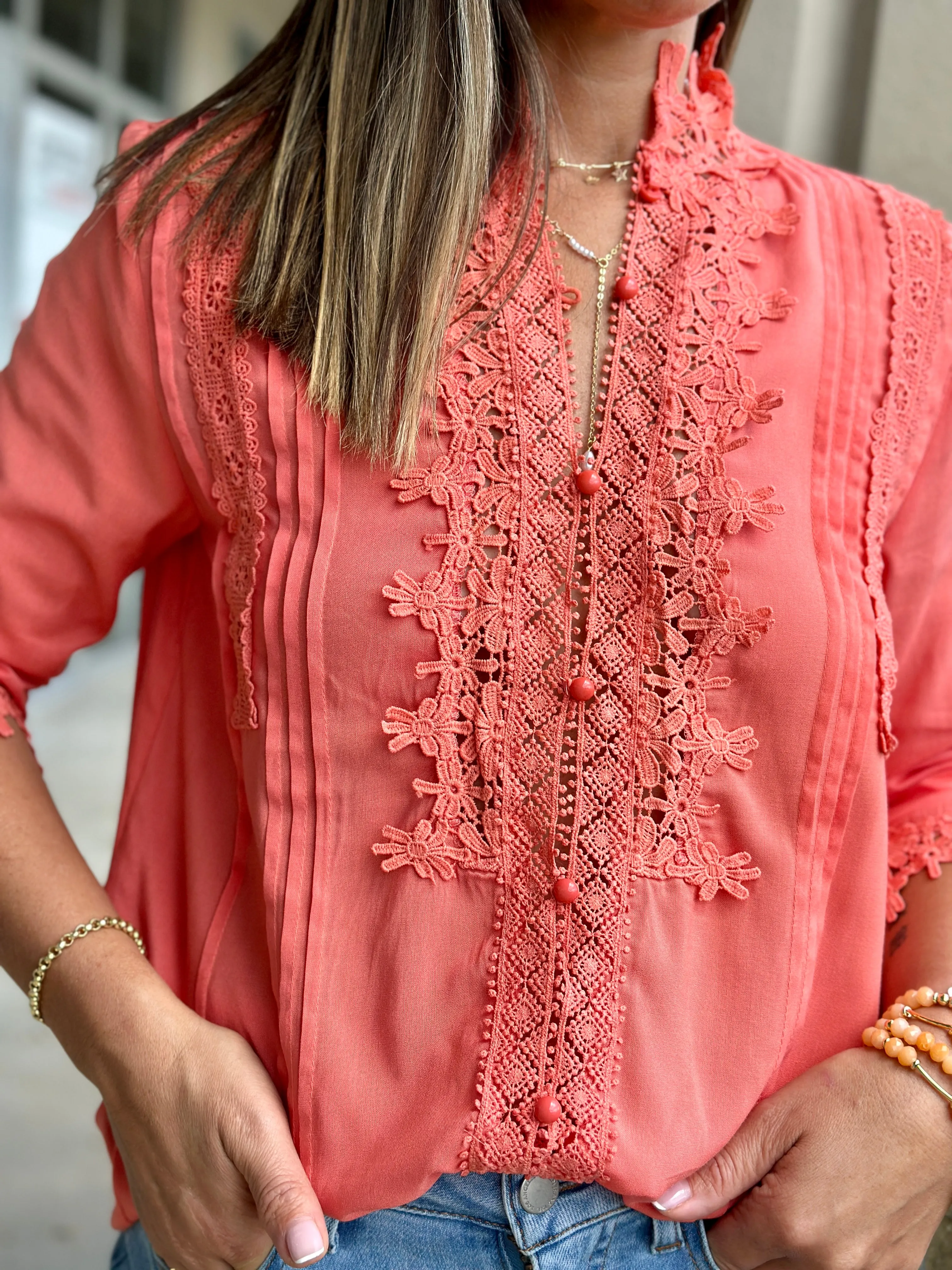 "Patty" Lace Trim Detail Blouse Top