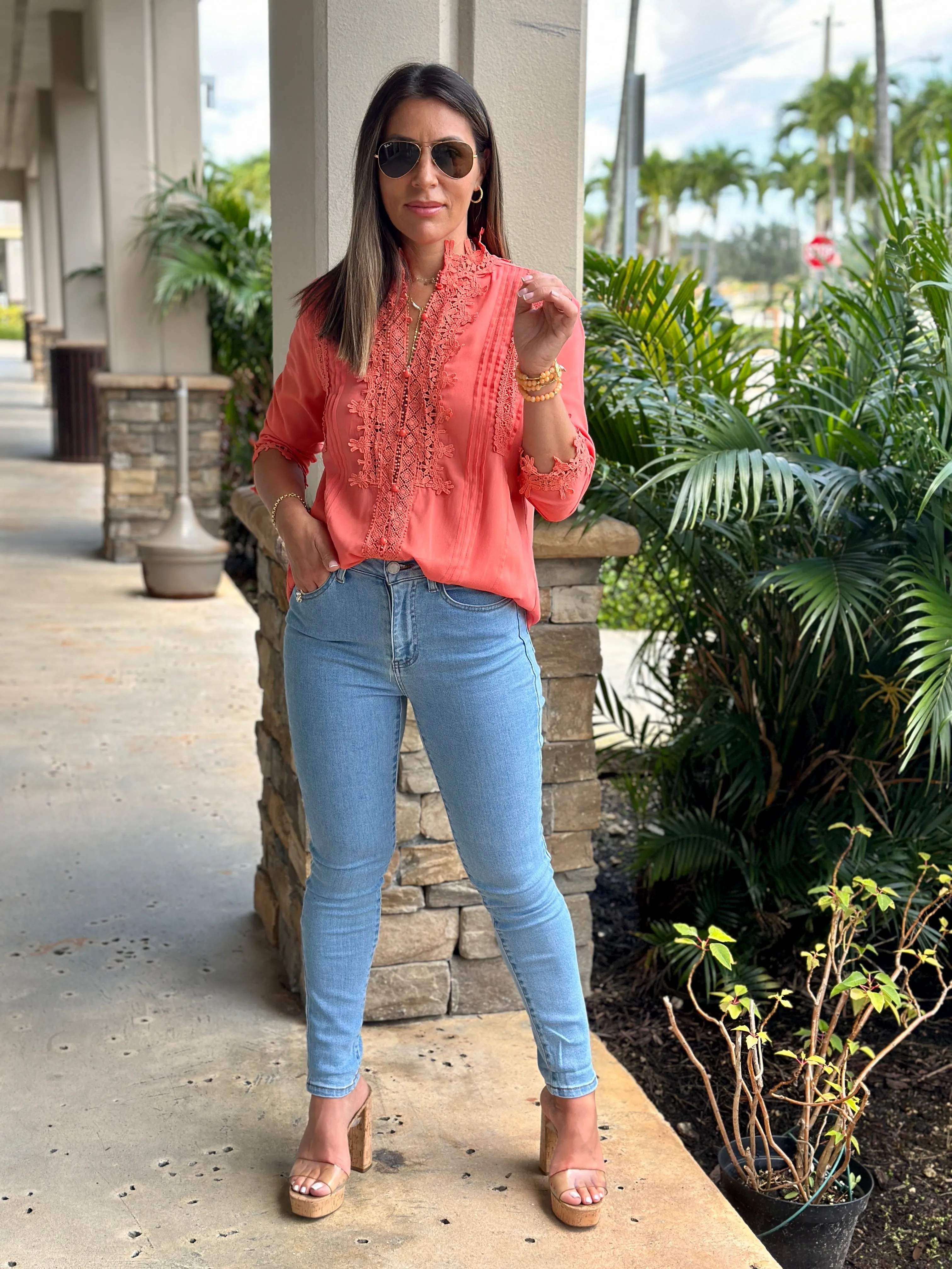 "Patty" Lace Trim Detail Blouse Top