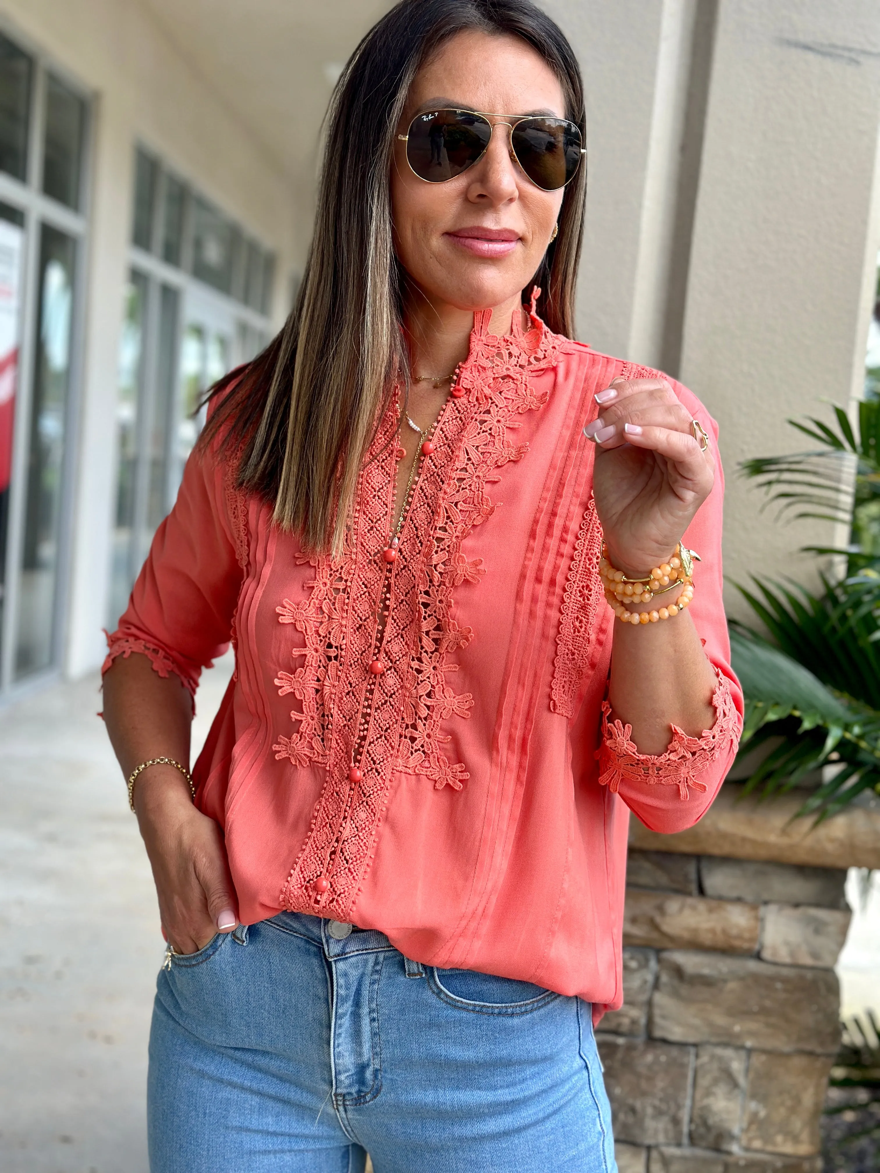 "Patty" Lace Trim Detail Blouse Top