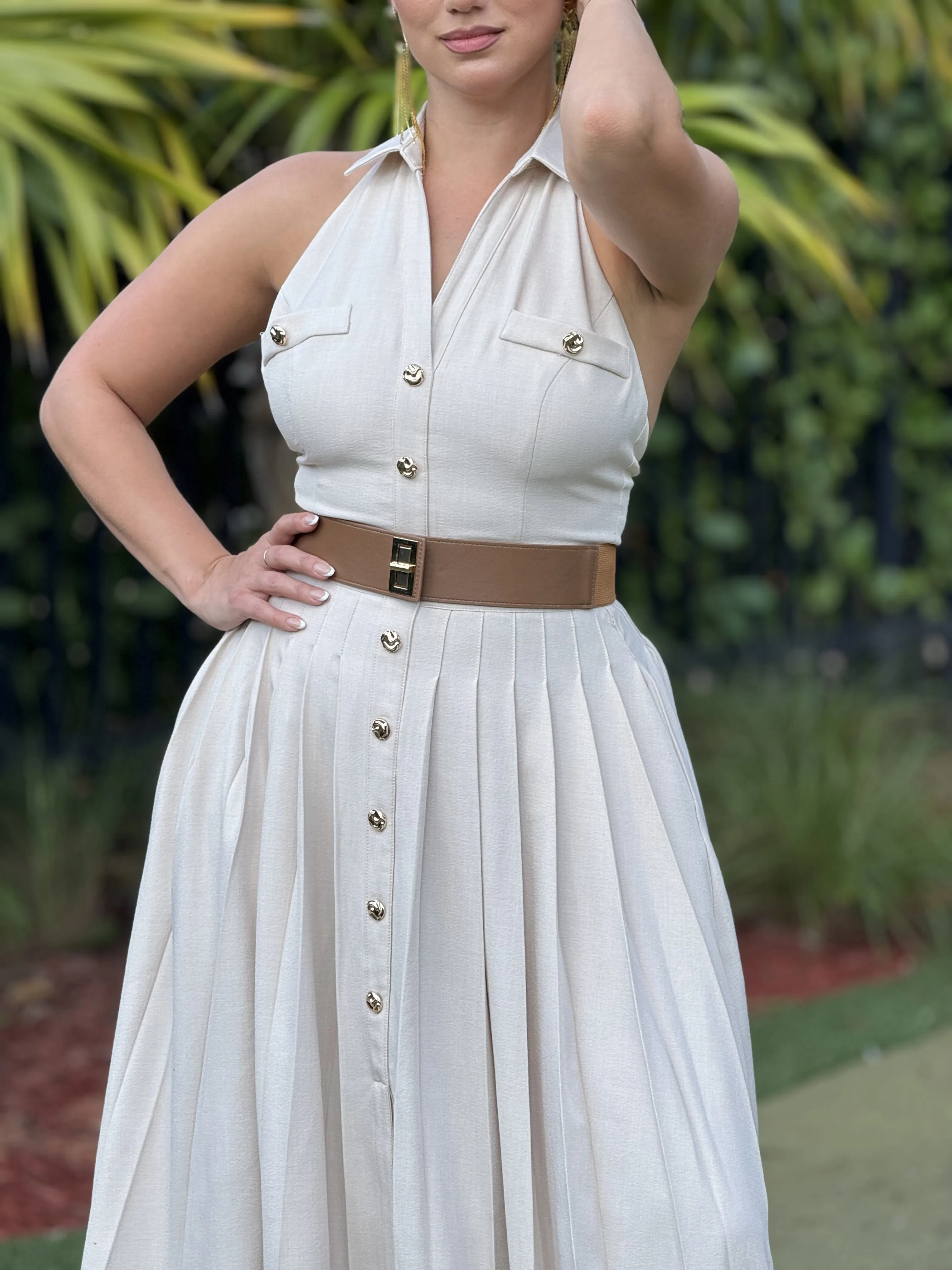 "Stephanie"  Belted Halter Button Up Maxi Dress