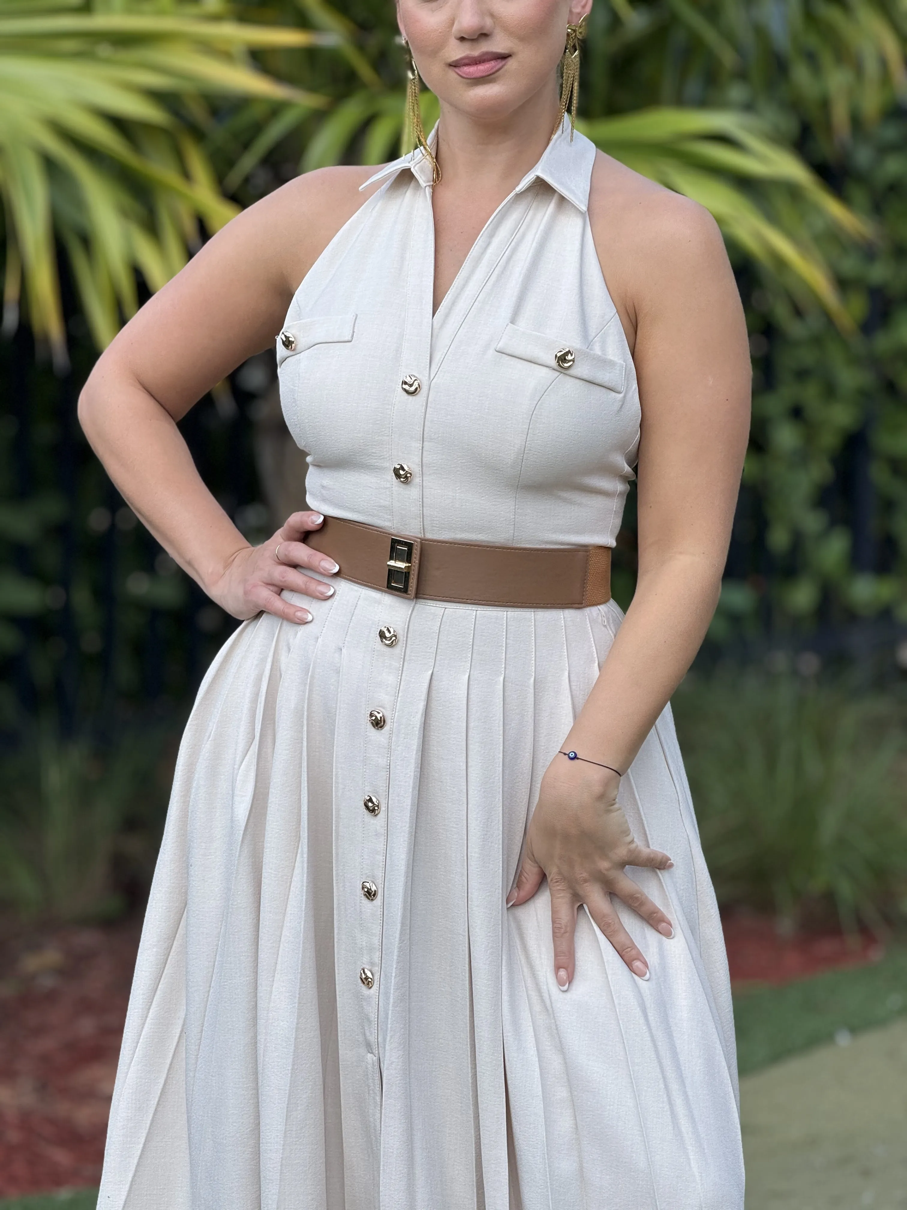 "Stephanie"  Belted Halter Button Up Maxi Dress