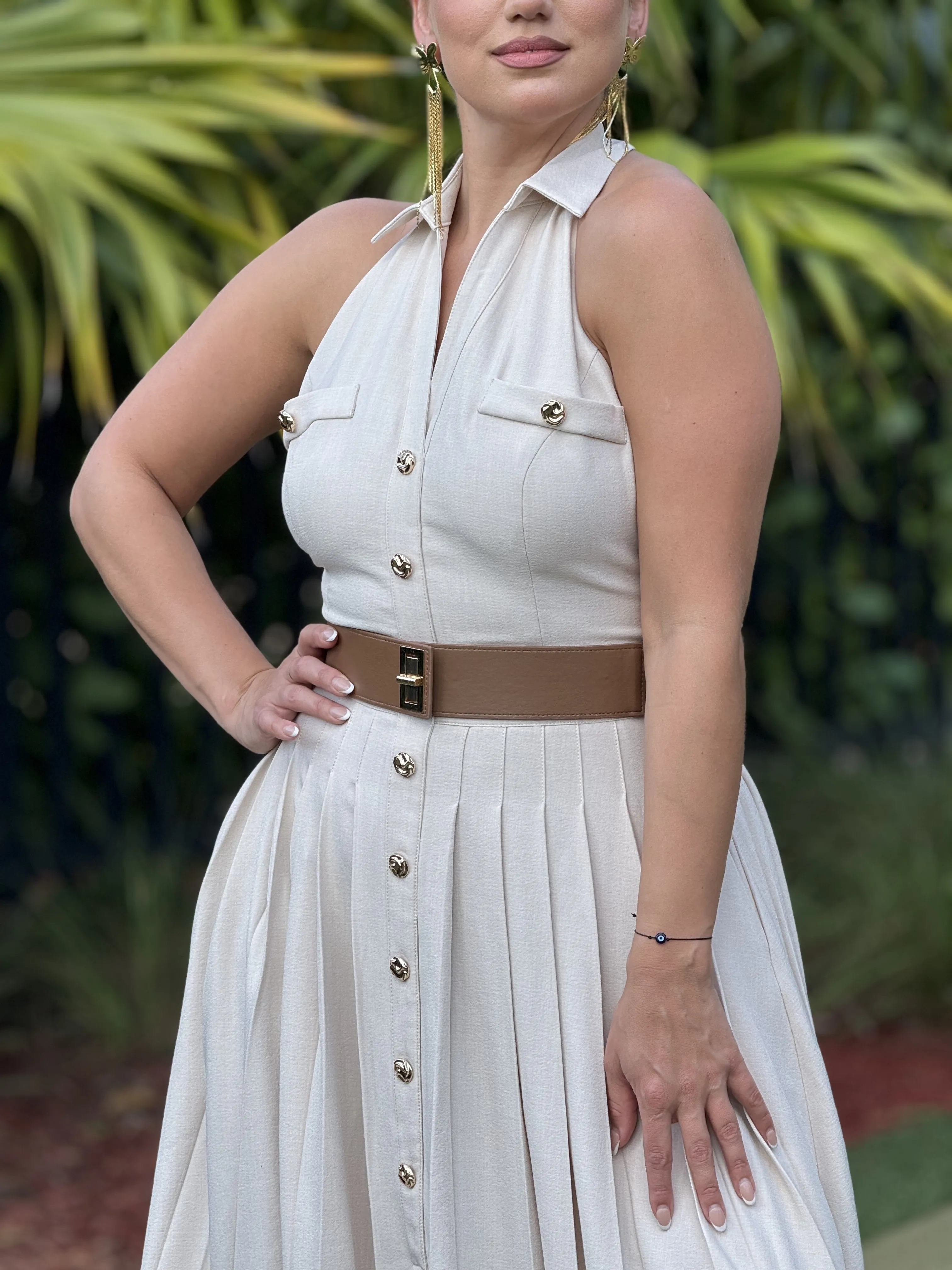 "Stephanie"  Belted Halter Button Up Maxi Dress