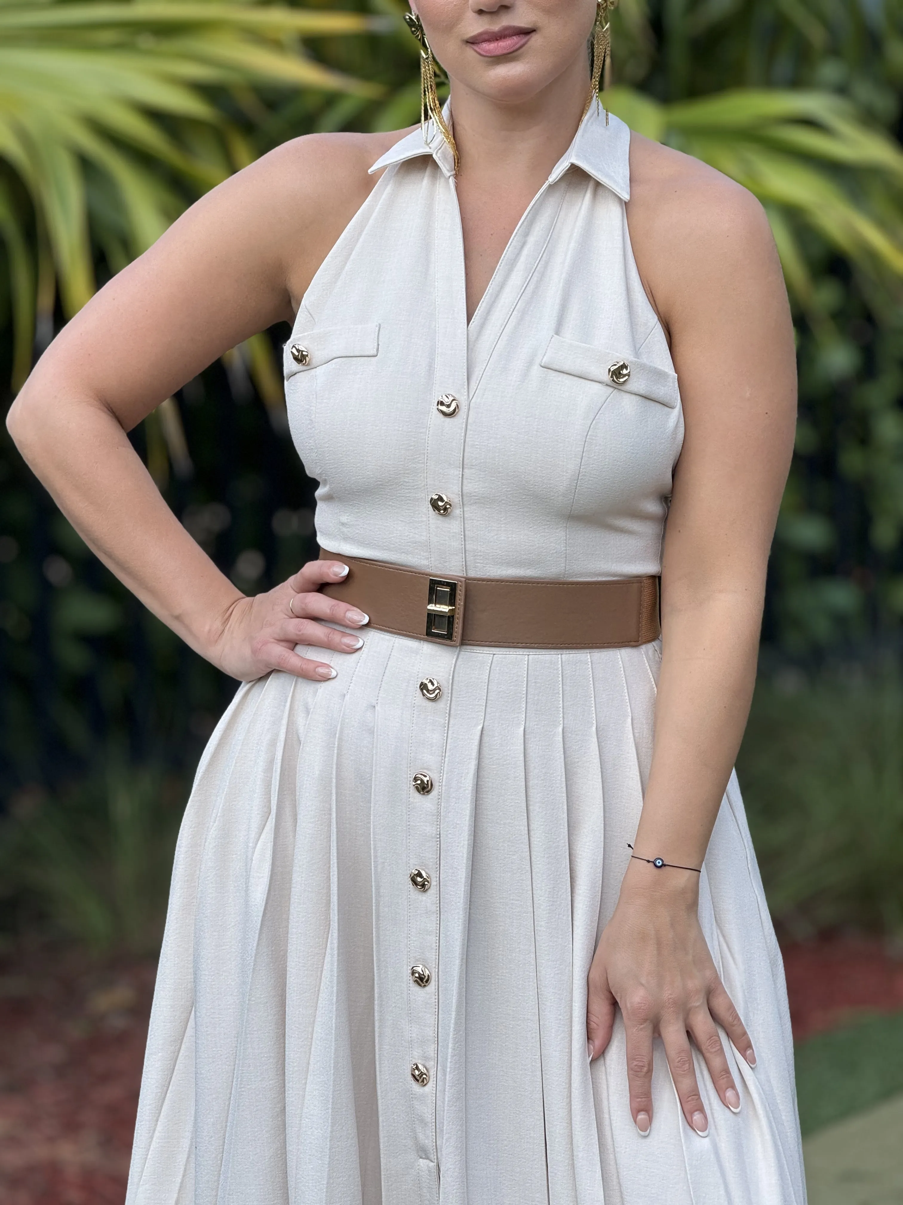 "Stephanie"  Belted Halter Button Up Maxi Dress