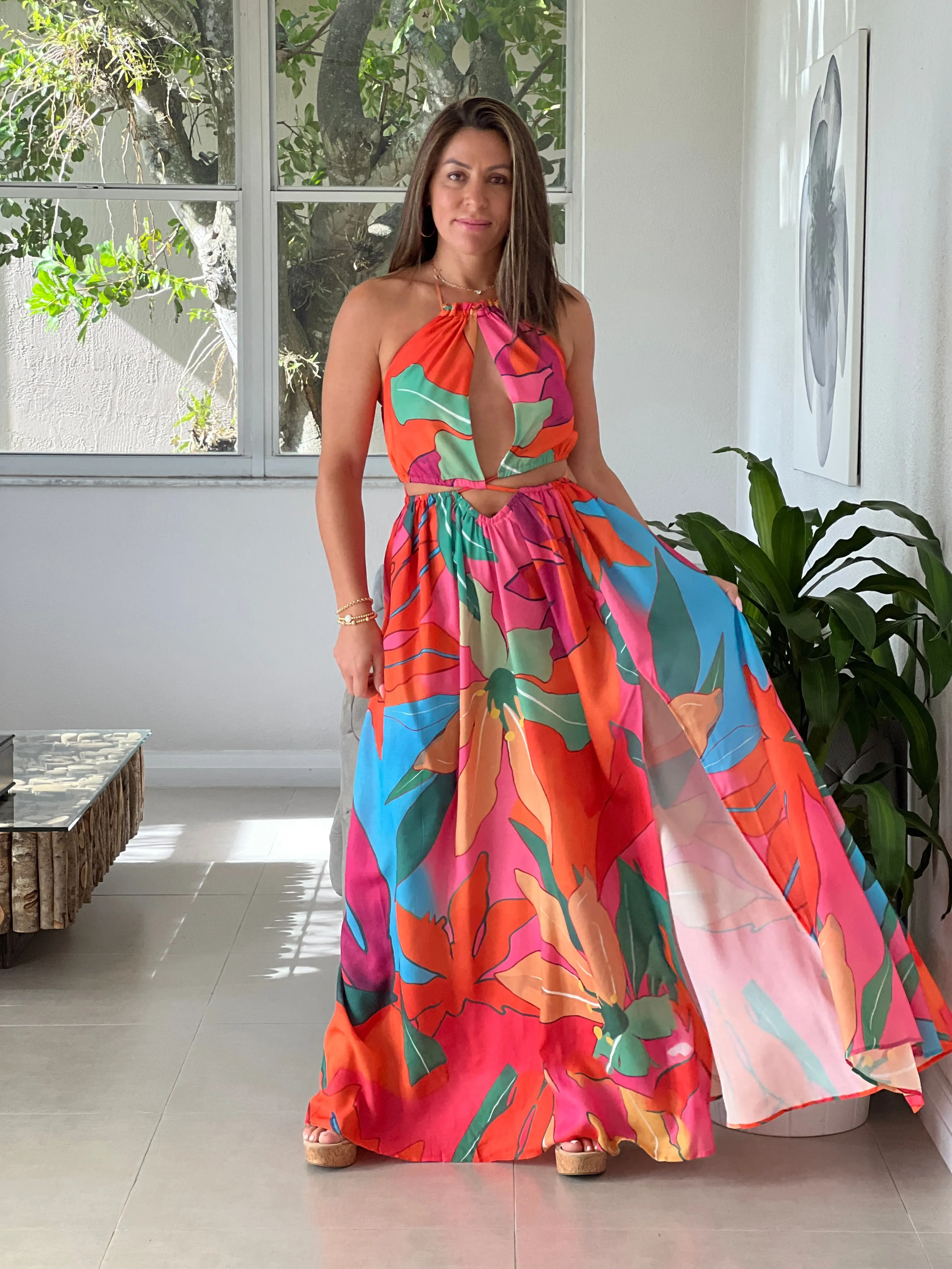 "Suly" Tropical Flower Print Maxi Dress