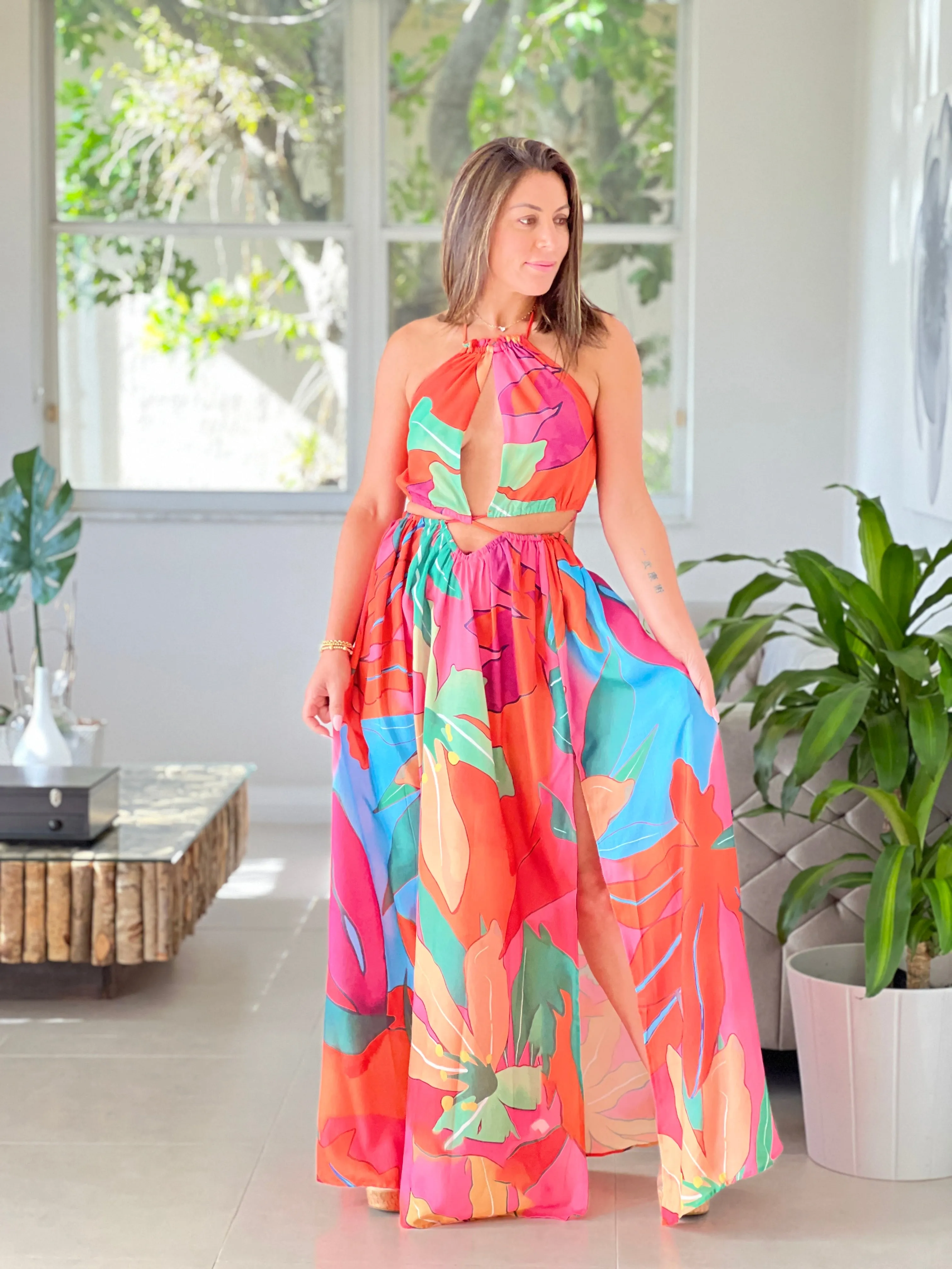 "Suly" Tropical Flower Print Maxi Dress